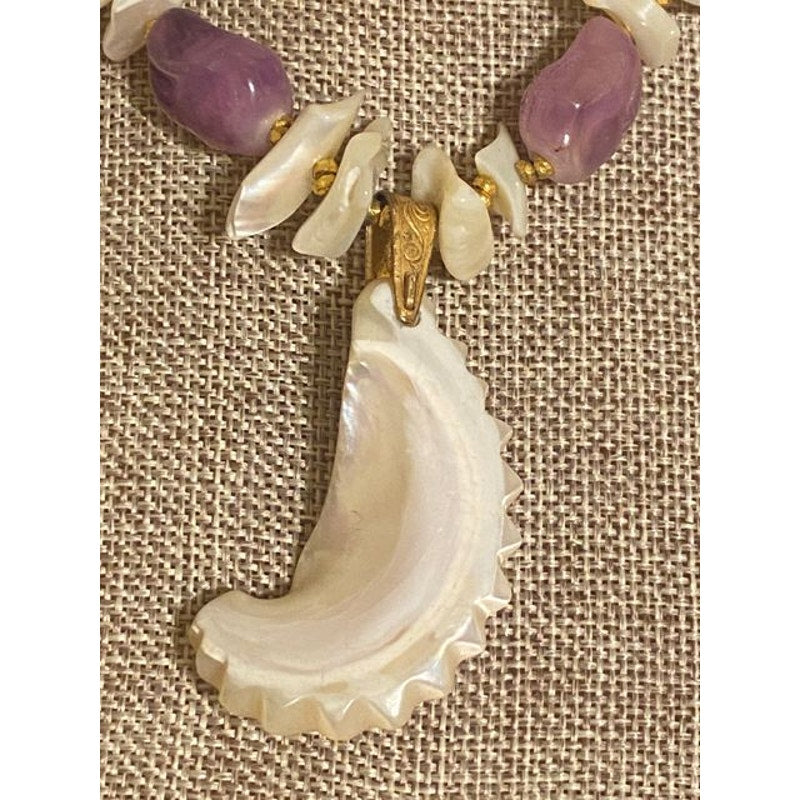Miriam Haskell Goldtone Amethyst and MOP Shell Pendant Necklace. Excellent Condition