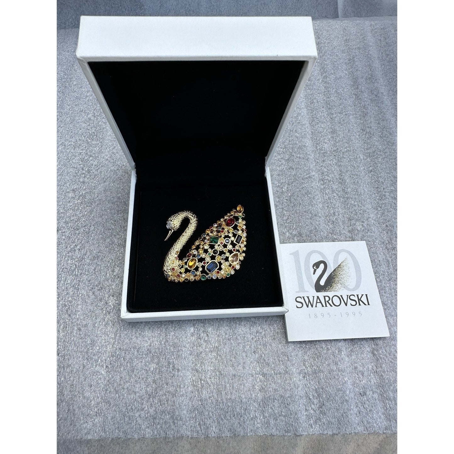 Swarovski Goldtone Multi Color Crystal Large Swan Brooch Pin 100 Year in Box