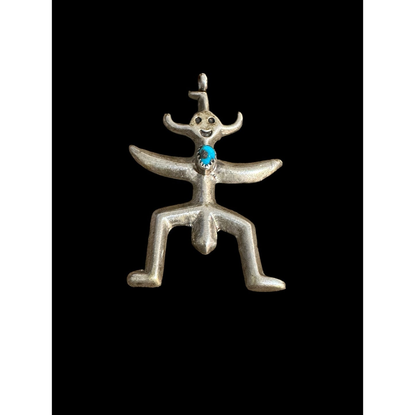 Navajo Native American Sterling Silver Turquoise Horned Kachina Figure Pendant