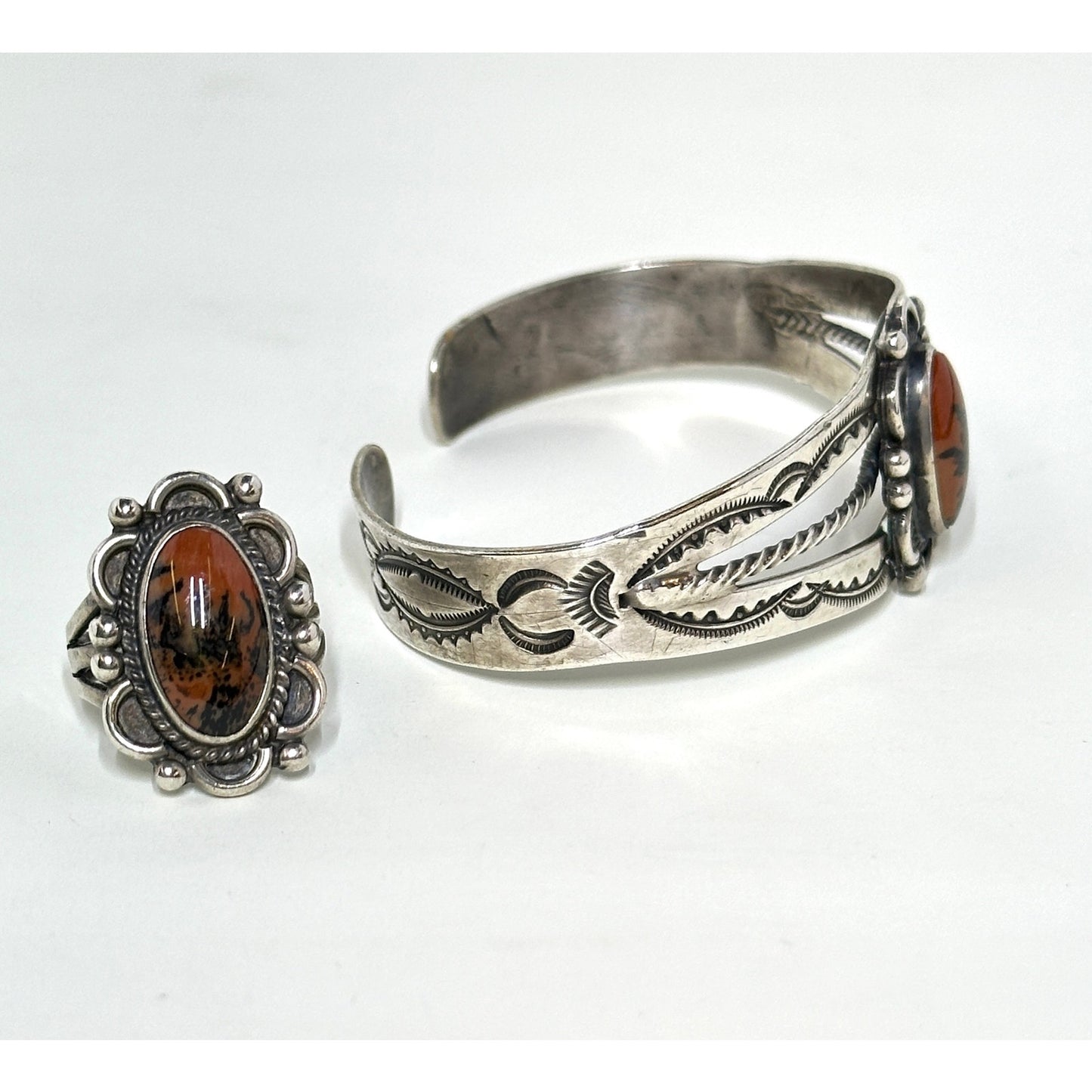 Native American Sterling Silver Red Jasper Petrified Wood Cuff Bracelet & Size 6 Ring
