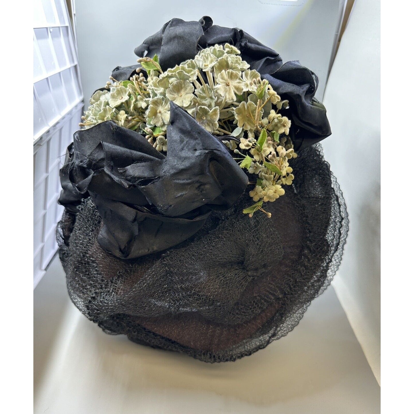 Vintage Victorian Wire Framed Black Net Ribbon & Velvet Flowers Hat