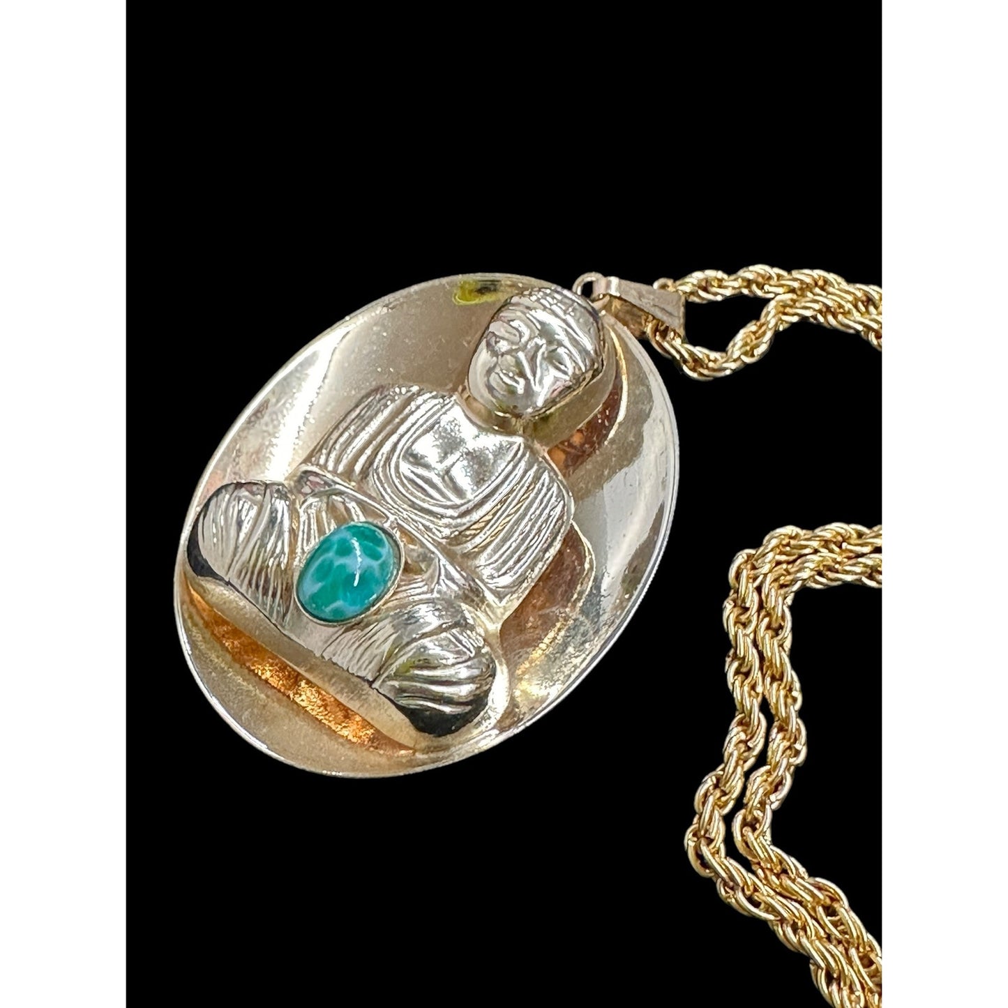 Vintage Goldtone Large Oval Jeweled Buddha Pendant Necklace