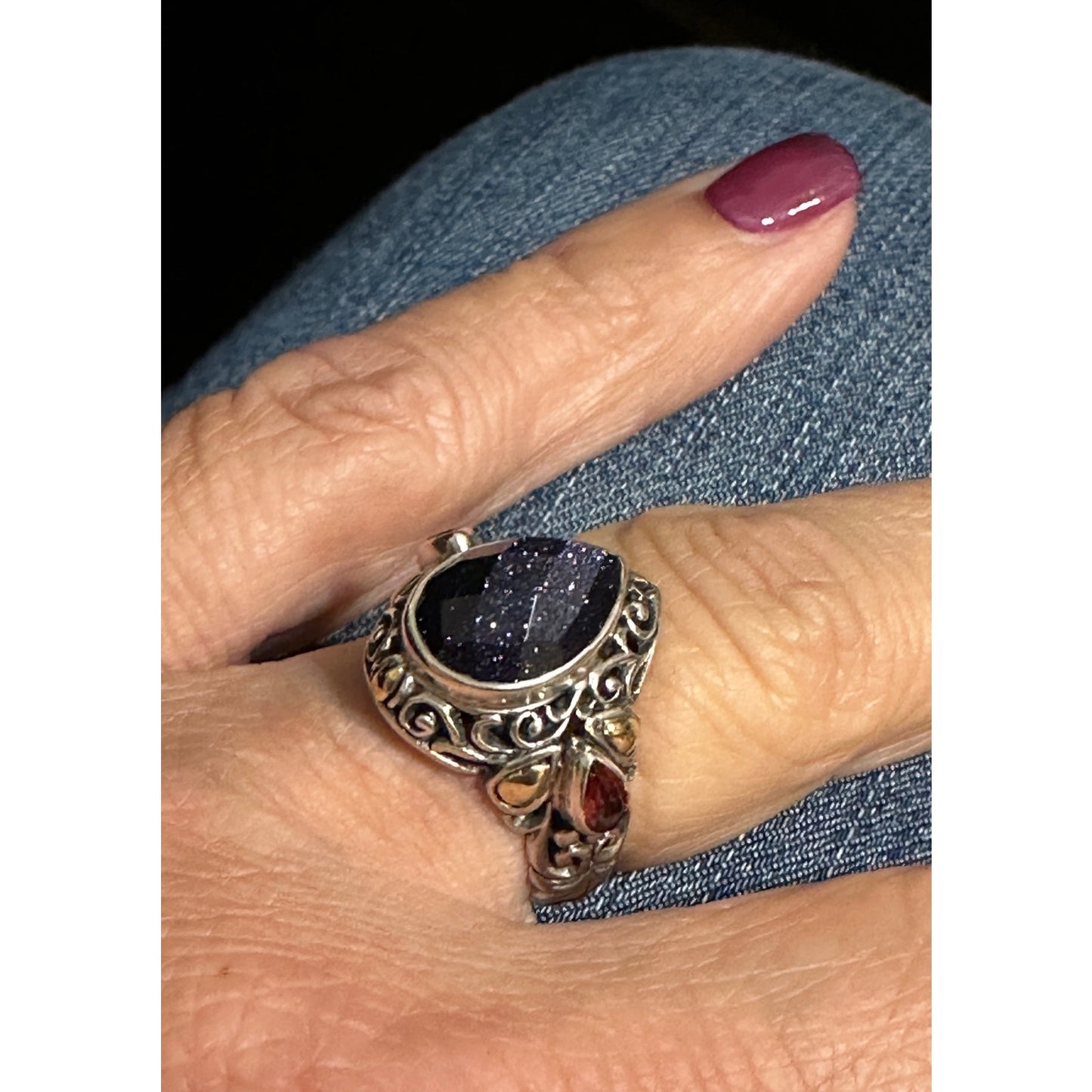Robert Manse 18k Gold Sterling Silver Blue Goldstone Garnet Ring Size 9