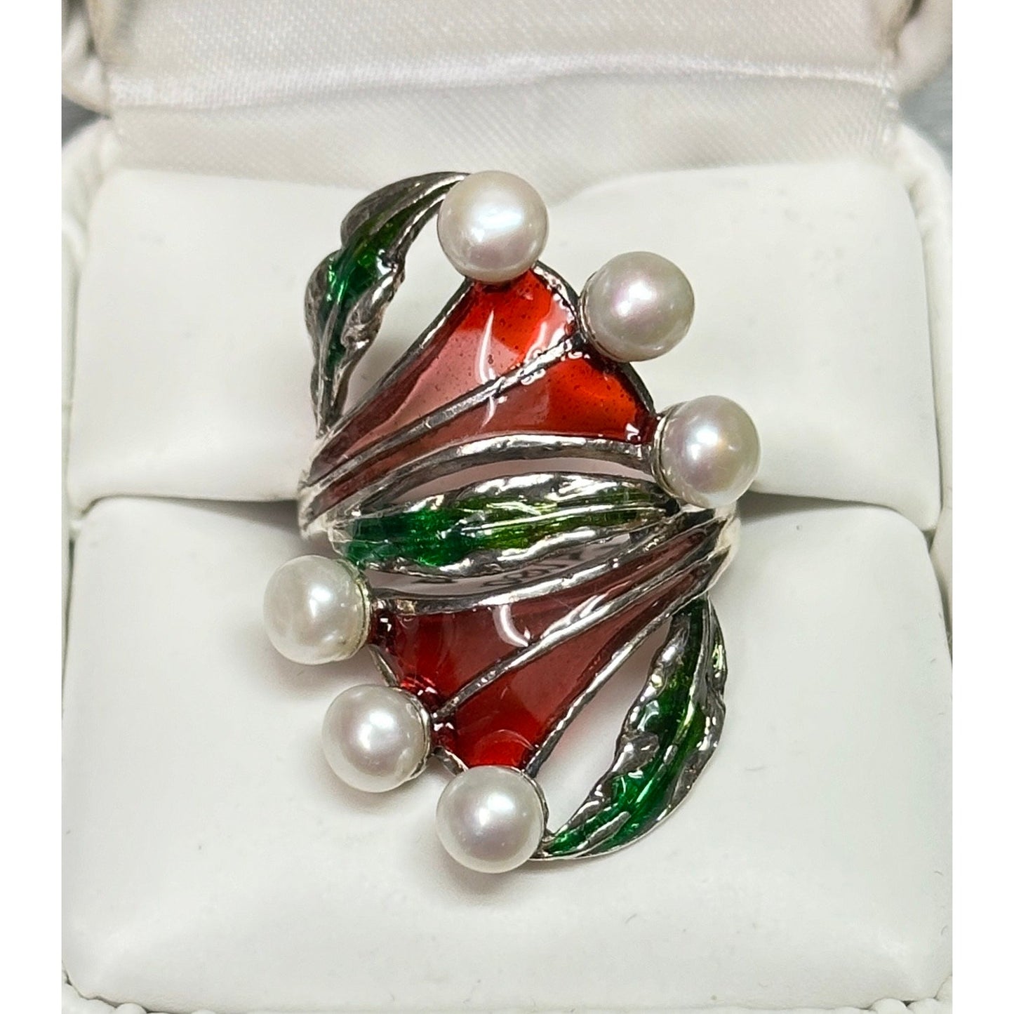 Beautiful Modern Art Nouveau Plique A Jour Cultured Pearl Sterling Silver Ring 9