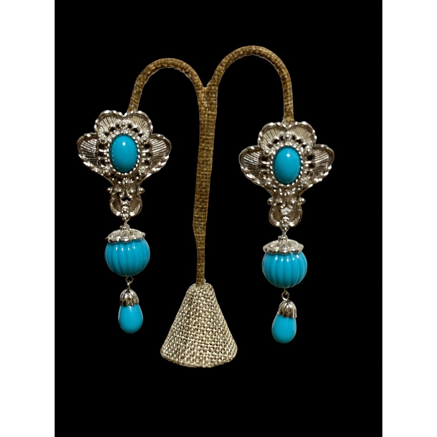 Vintage Huge Barrera for Avon Silver-tone Faux Turquoise Dangle Clip Earrings