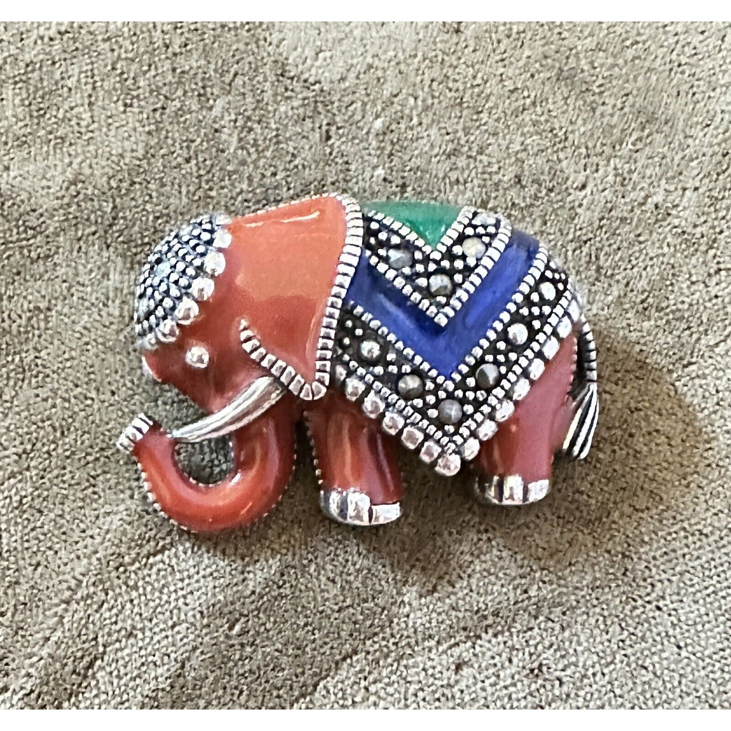 Sterling Silver Enamel Marcasite ELEPHANT Brooch Pin. 1 3/8” X 1”. 11 grams.