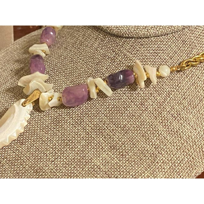 Miriam Haskell Goldtone Amethyst and MOP Shell Pendant Necklace. Excellent Condition