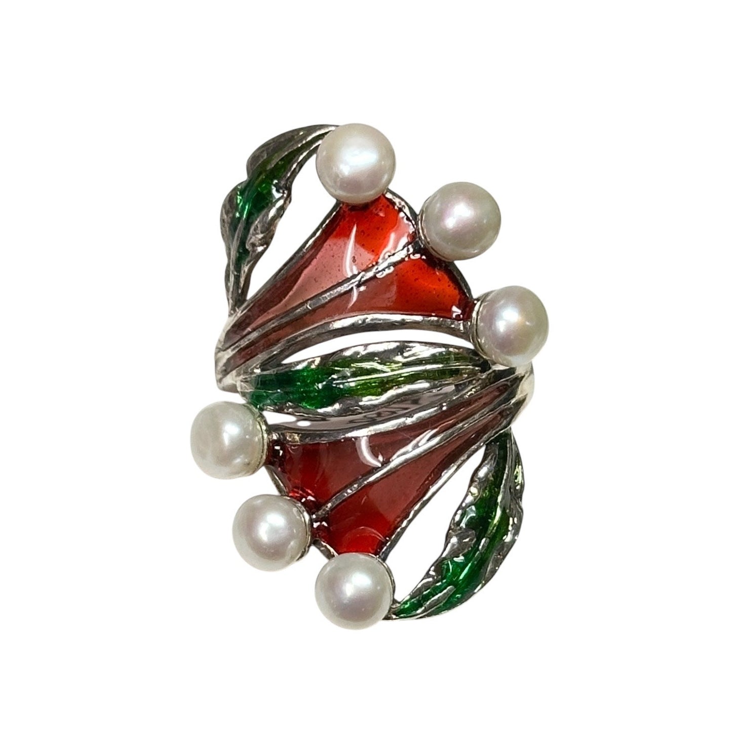 Beautiful Modern Art Nouveau Plique A Jour Cultured Pearl Sterling Silver Ring 9