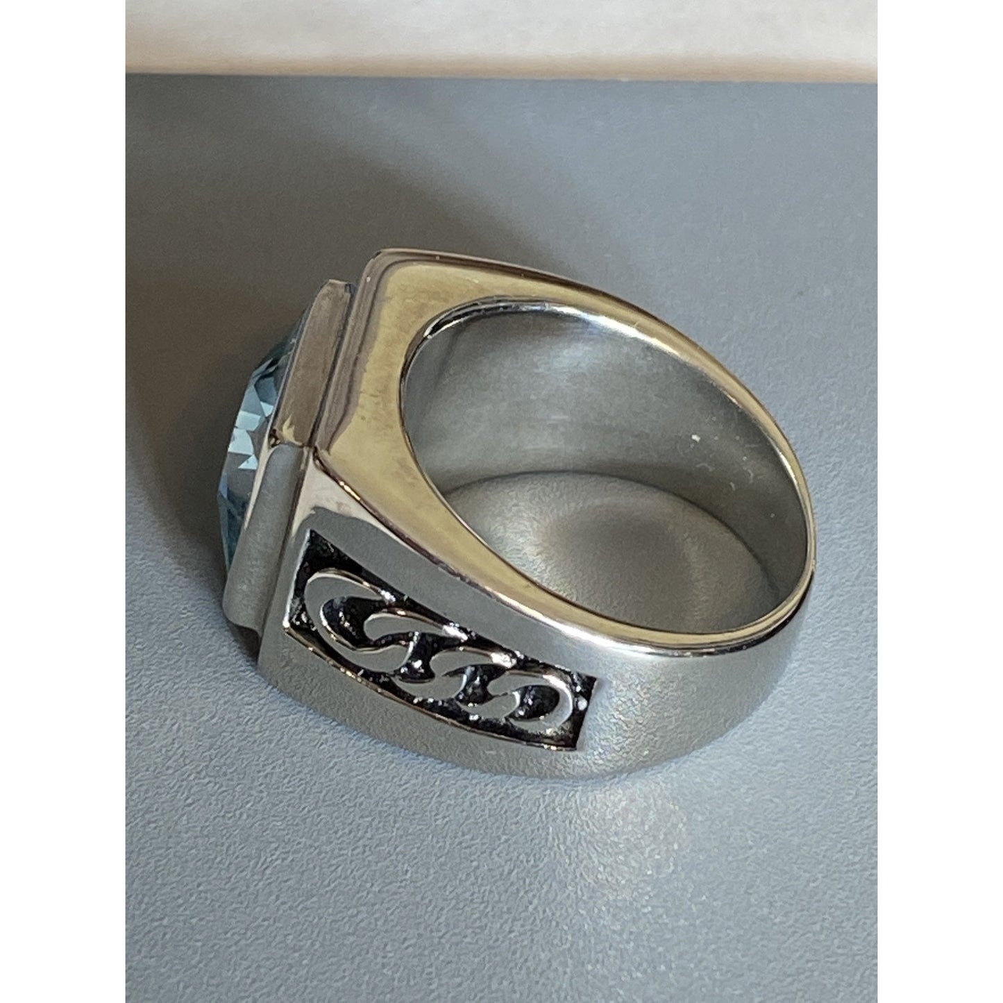 Mens Stainless Steel Blue Topaz Ring Size 9