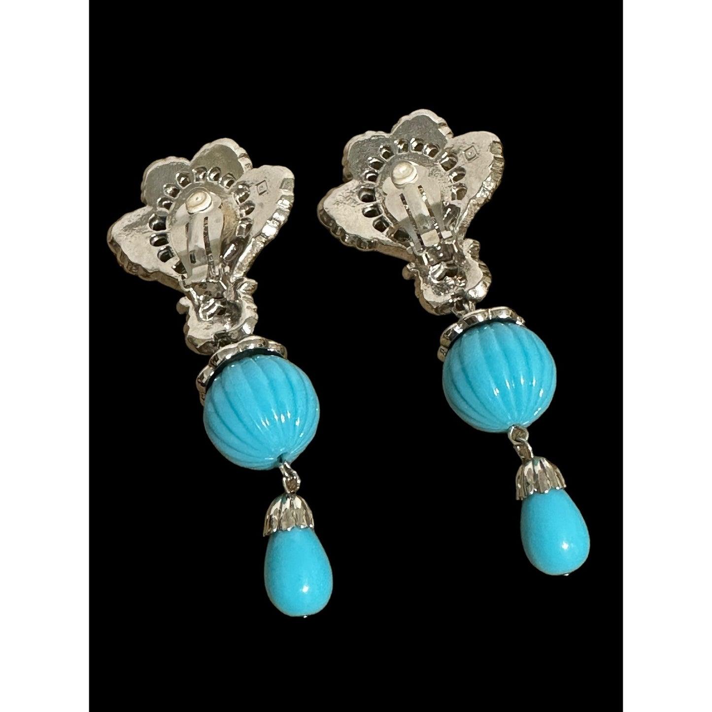 Vintage Huge Barrera for Avon Silver-tone Faux Turquoise Dangle Clip Earrings