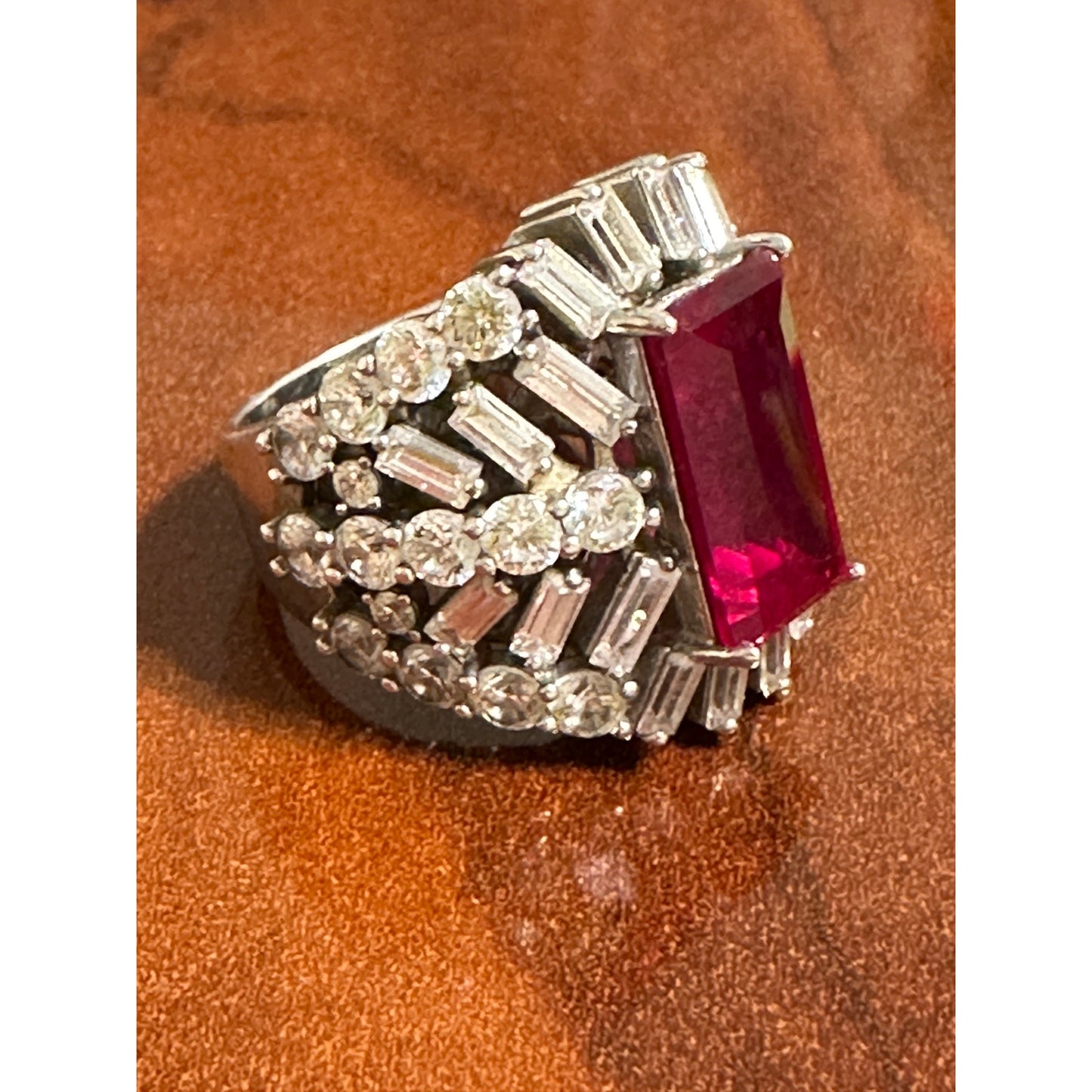 Charles Winston Lab Created Ruby & Diamond Simulant Rhodium Over Silver Ring - Size 8
