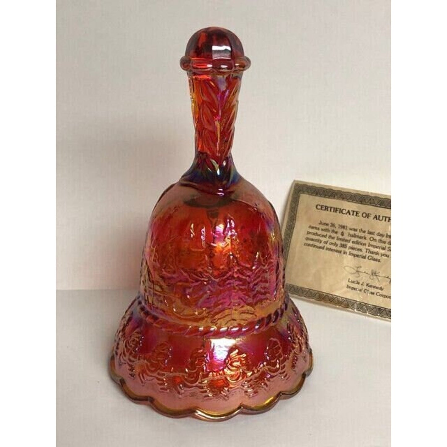 Imperial LIG Santa Sunset Ruby Carnival Glass Bell Christmas w/ certificate