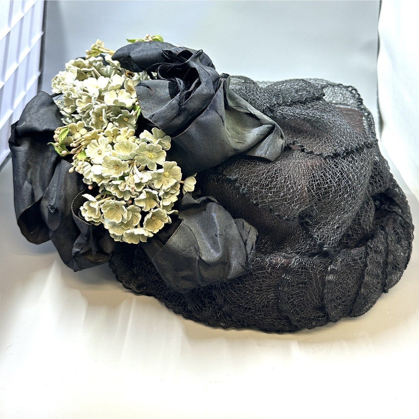Vintage Victorian Wire Framed Black Net Ribbon & Velvet Flowers Hat
