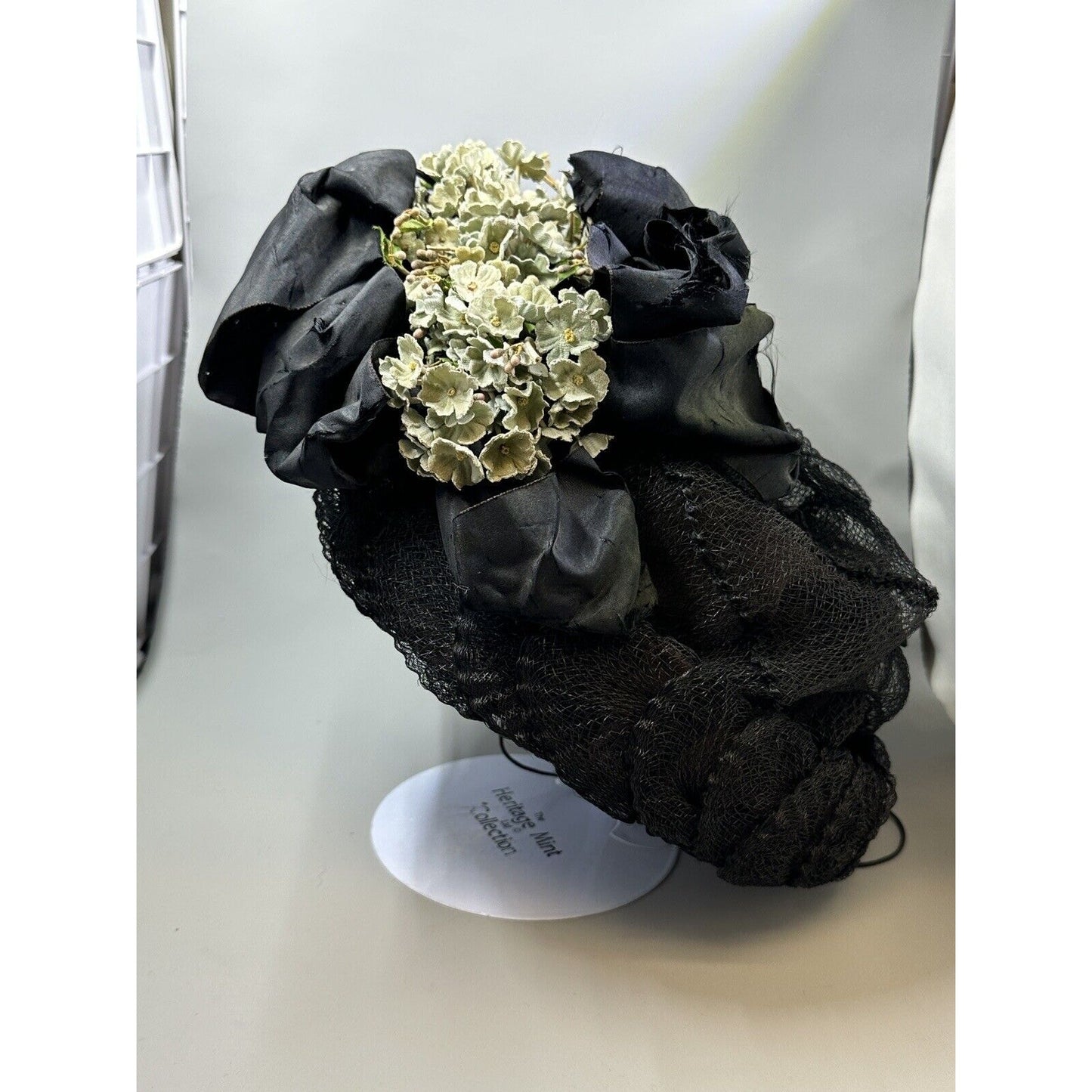 Vintage Victorian Wire Framed Black Net Ribbon & Velvet Flowers Hat