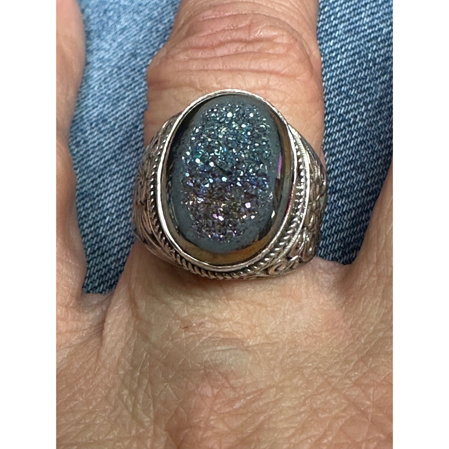 Chunky Sterling Silver Druzy Quartz Openwork Ring Size 8 3/4