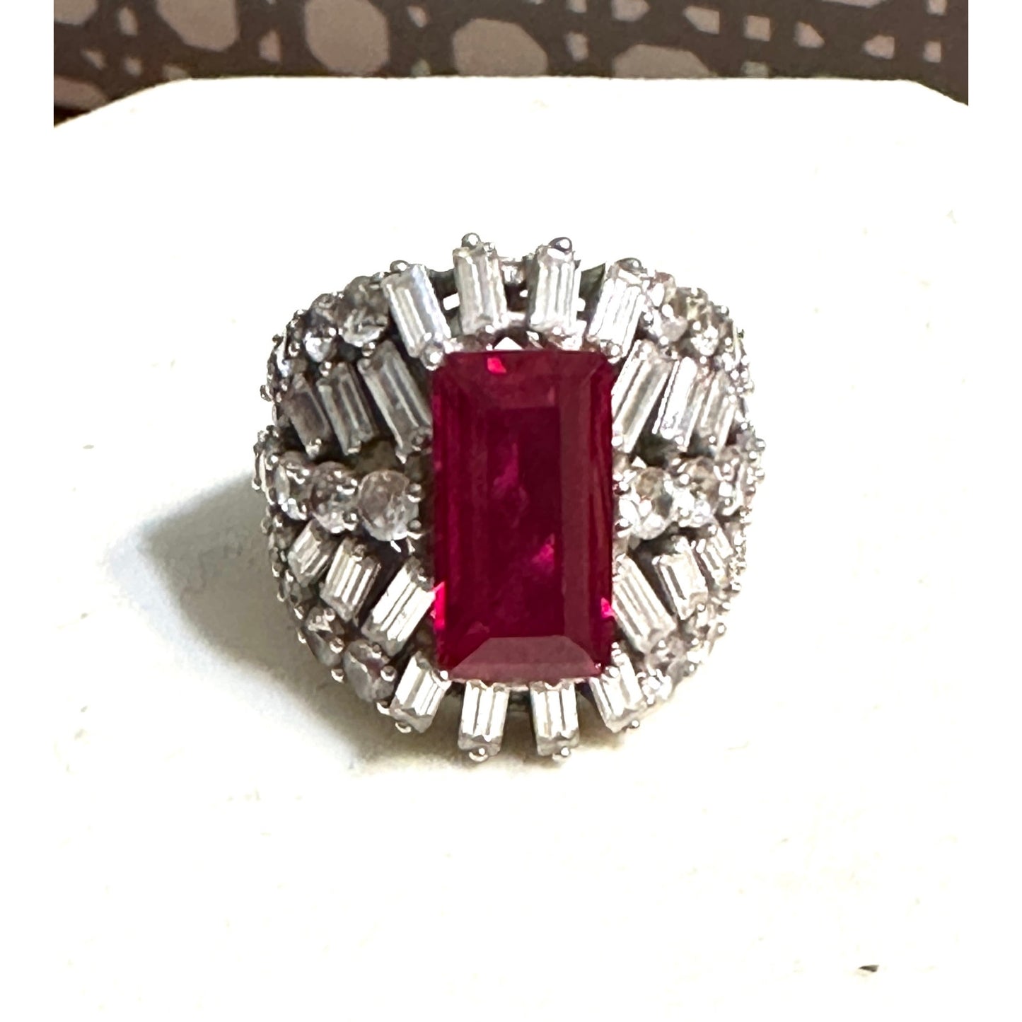 Charles Winston Lab Created Ruby & Diamond Simulant Rhodium Over Silver Ring - Size 8