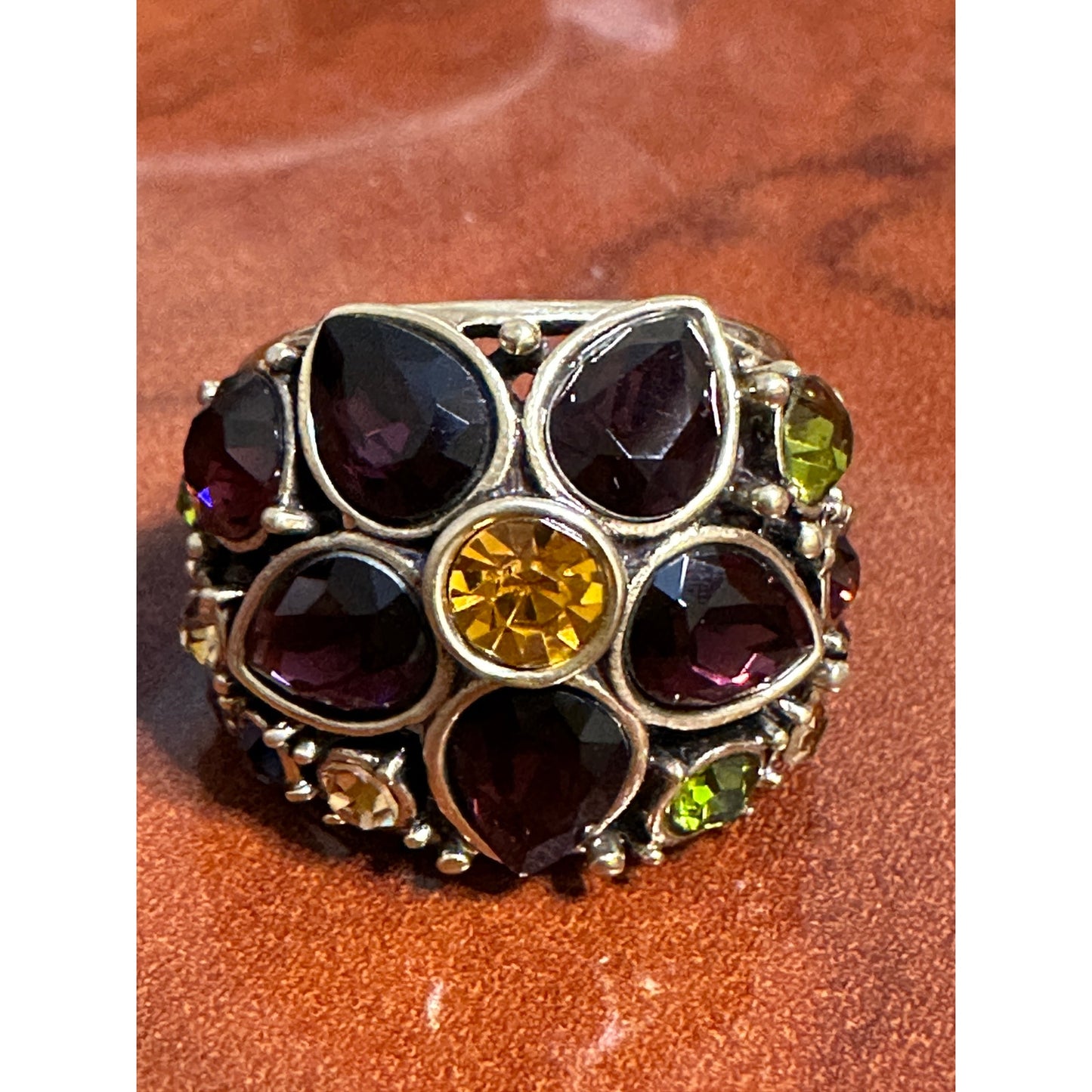 Heidi Daus Gold-tone Wide Fantasy in Floral Jeweled Flower Ring Size 7