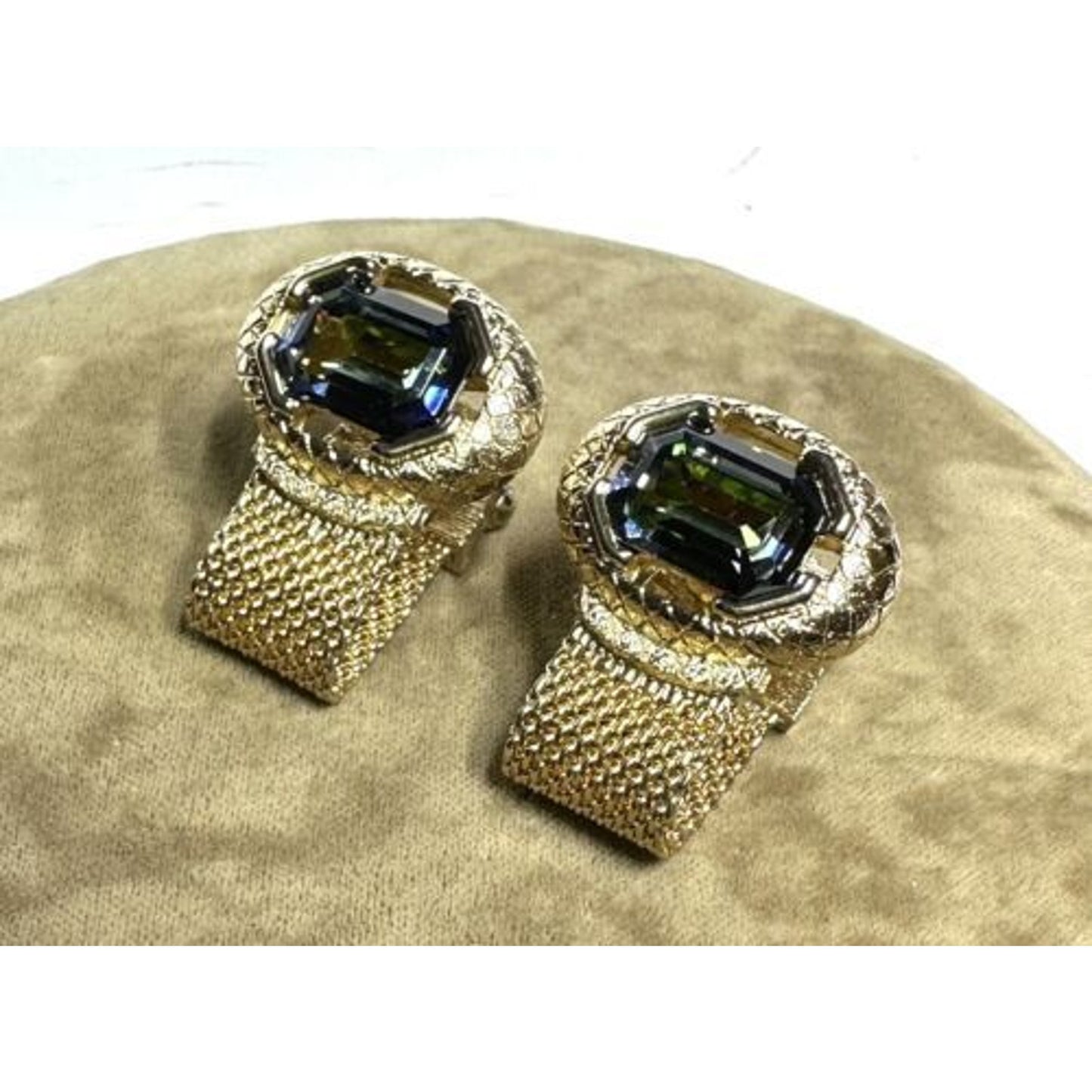 Vintage Goldtone Mesh Blue/Green Emerald Cut Rhinestone Mesh Wrap Cufflinks
