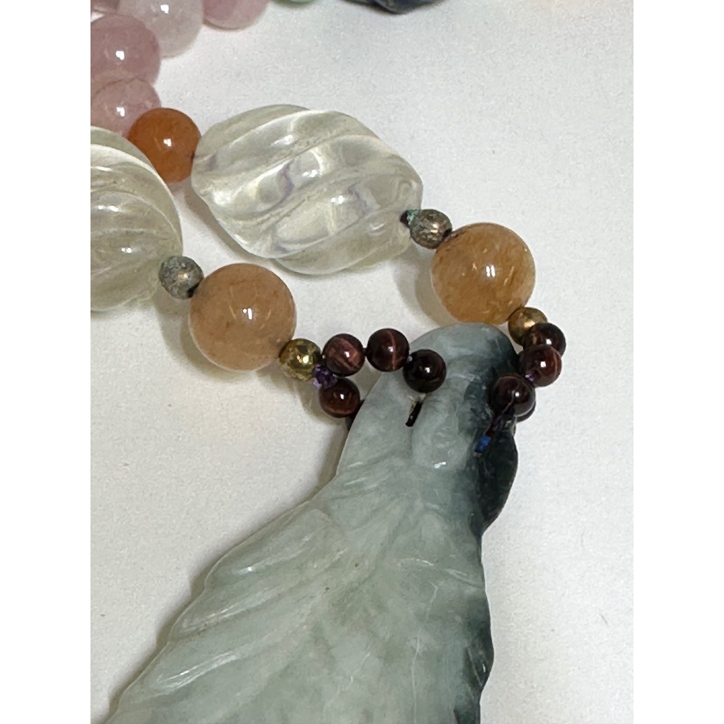 Long Multi Gemstone Beaded Lapis Tiger Eye Quartz Jade Necklace w/ Large Jade Figural Pendant