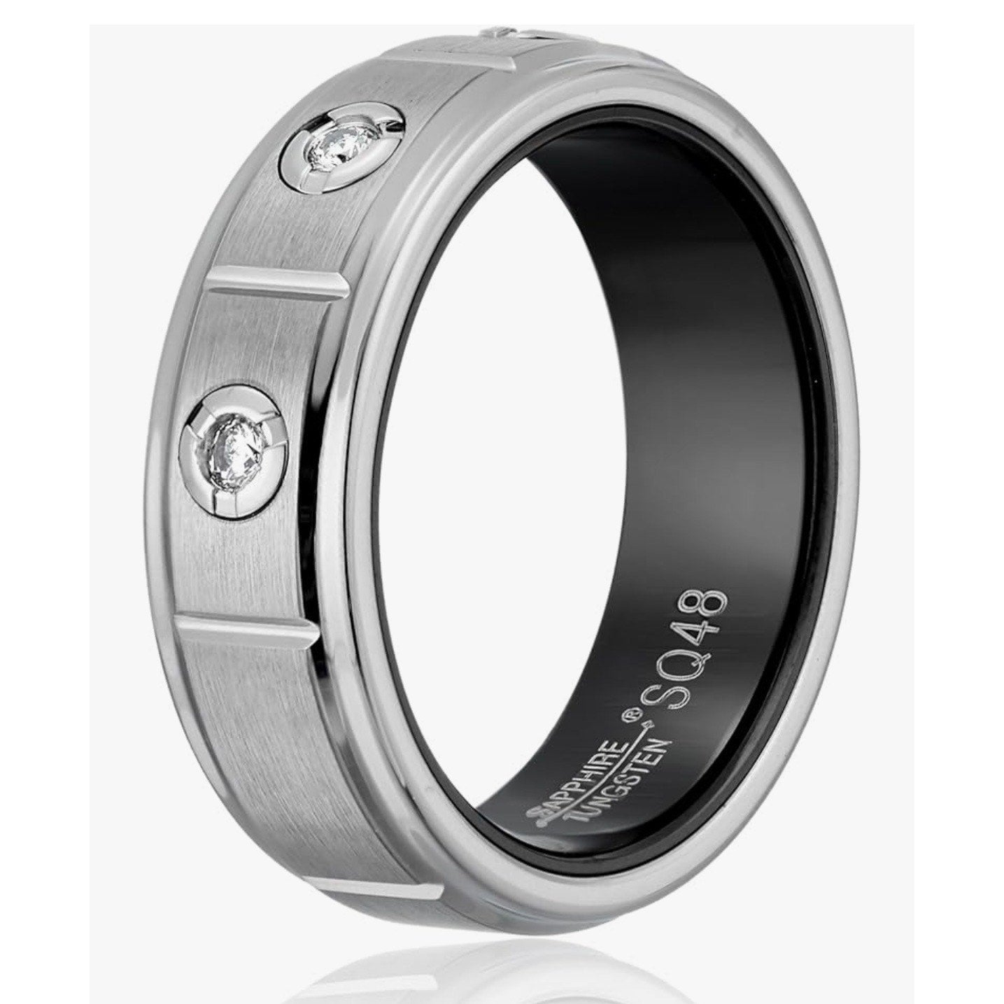 Men's Sapphire Tungsten 3 Diamond 8mm Titanium /Black PVD Interior Wedding Band