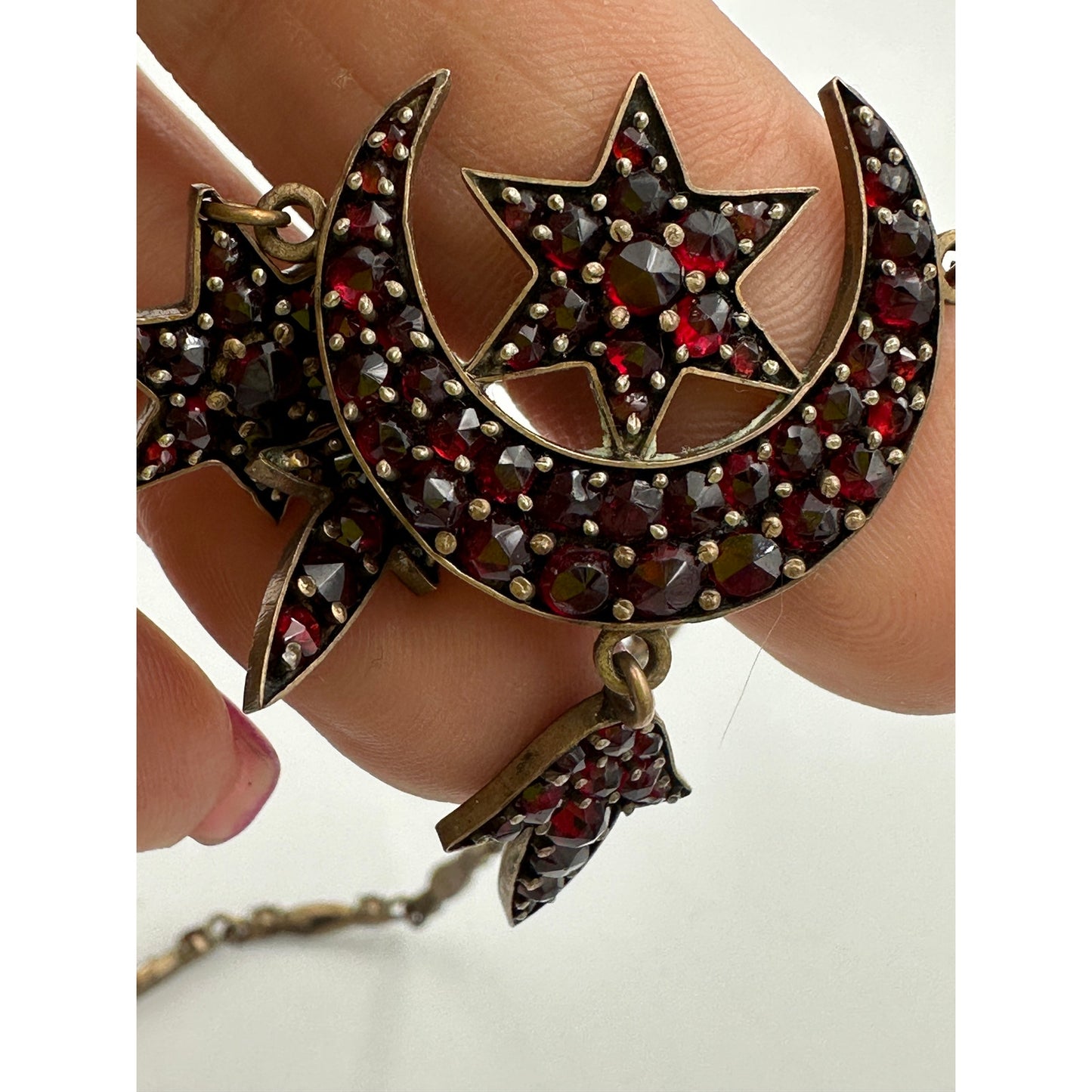 Antique Victorian Bohemian Rose Cut Garnet Moon & Stars Necklace