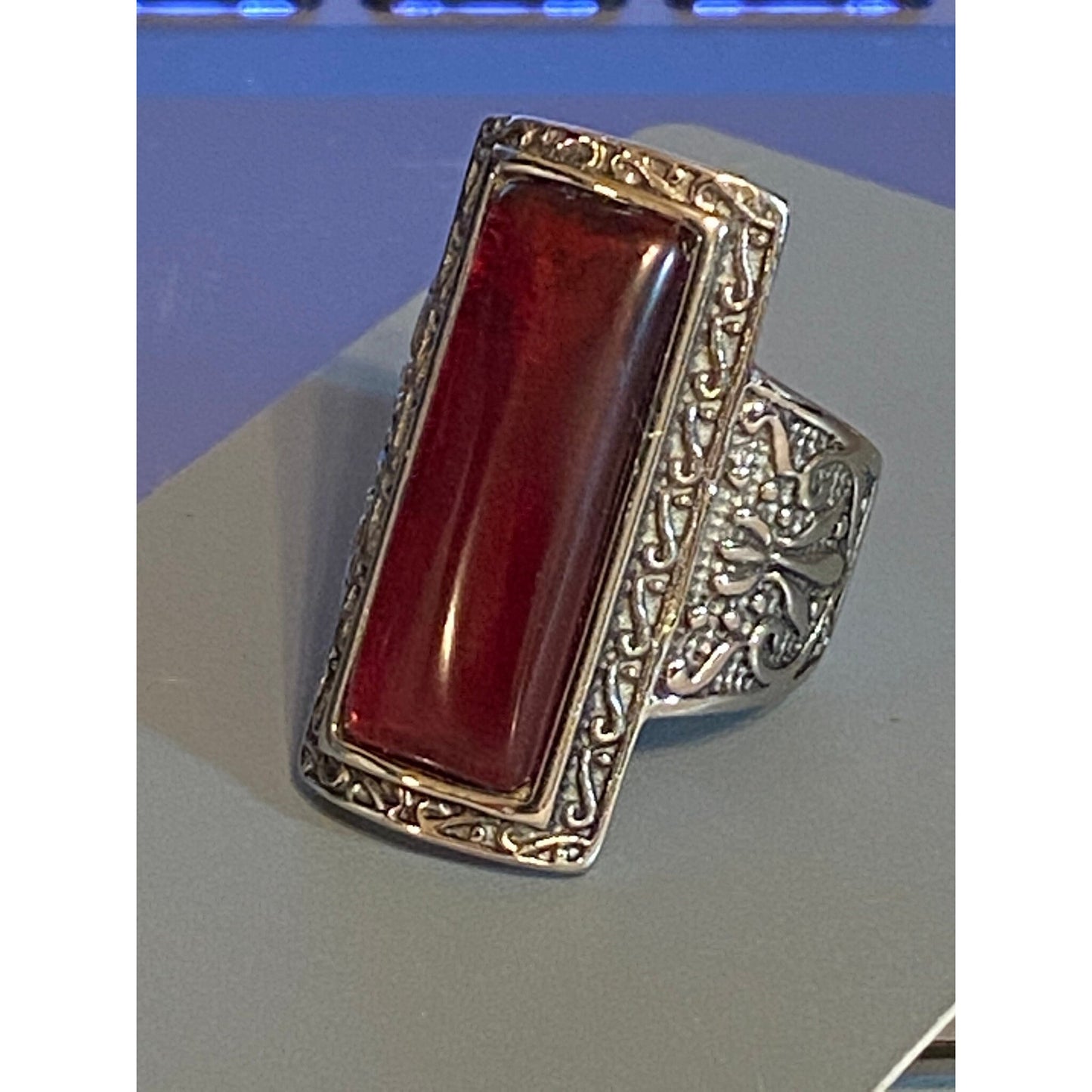 Stainless Steel 316L Elongated Red Stone Ring Size 8.5 Unisex