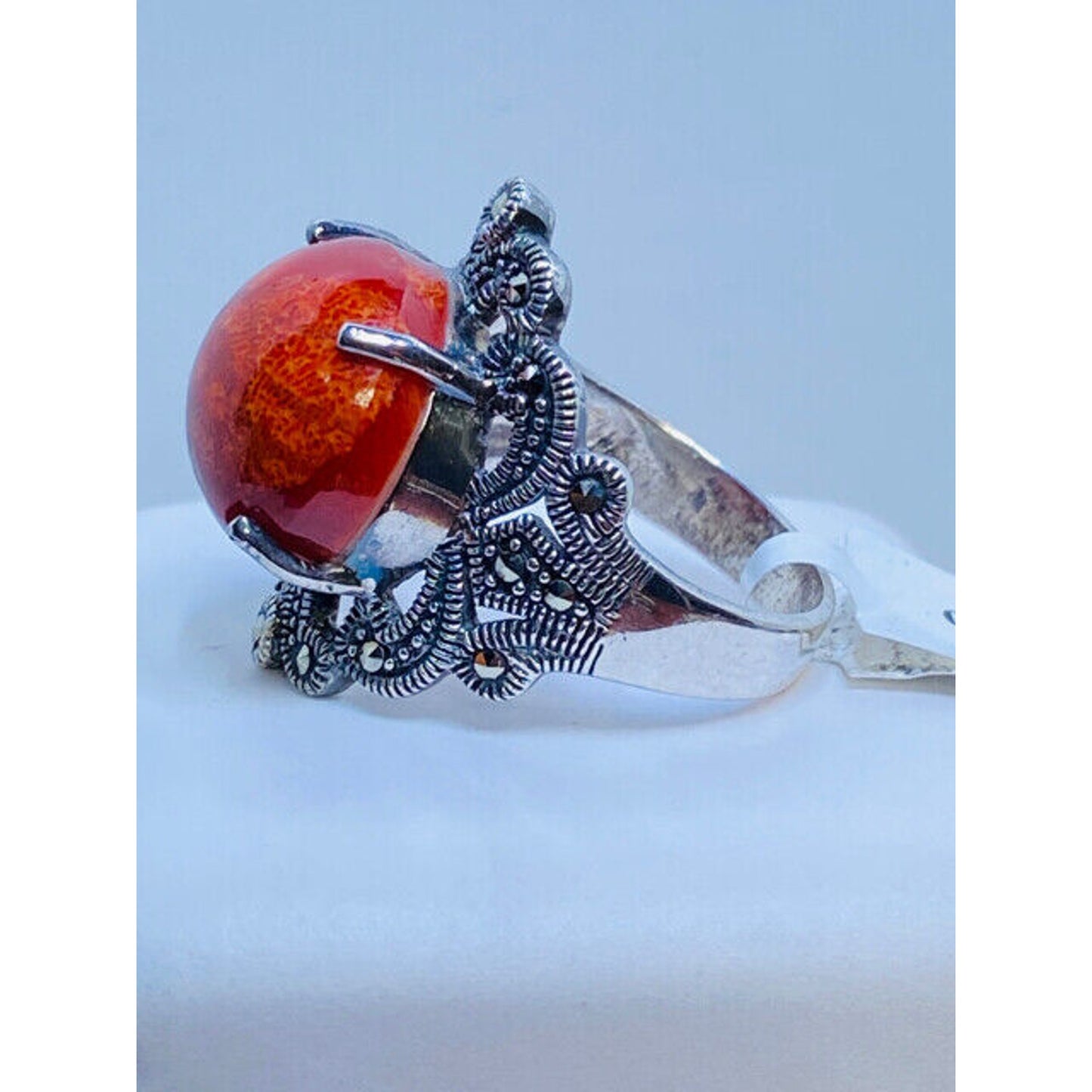 Big Bold Sterling Silver Marcasite Orange Jasper Ring Size 9 3/4 Ring