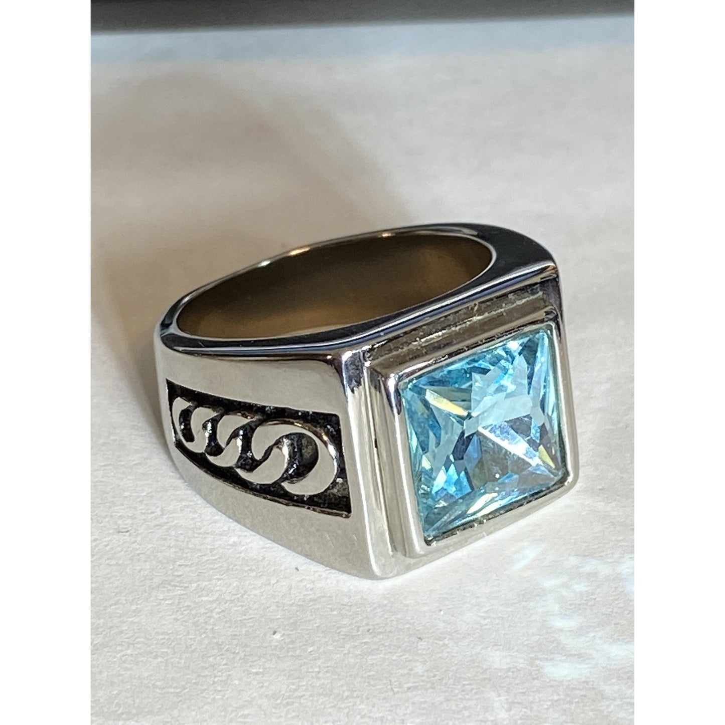 Mens Stainless Steel Blue Topaz Ring Size 9