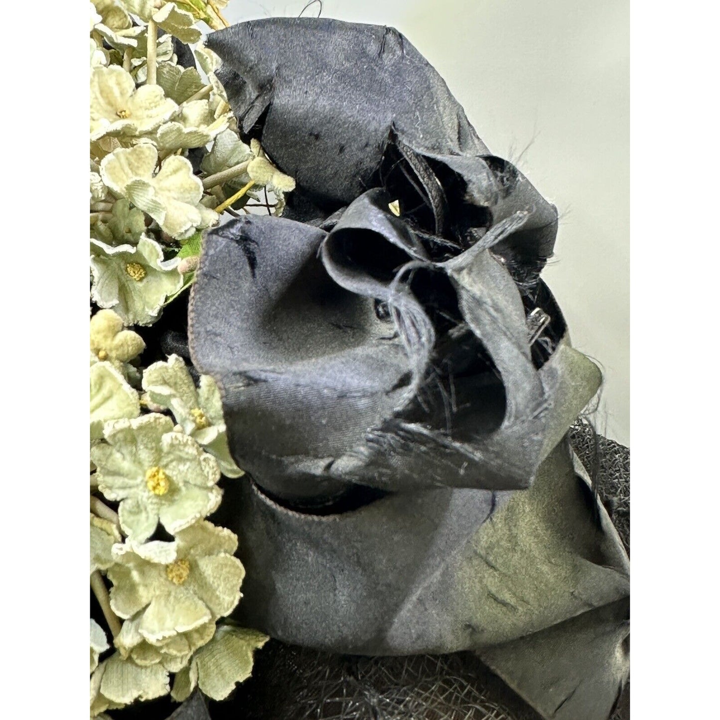 Vintage Victorian Wire Framed Black Net Ribbon & Velvet Flowers Hat