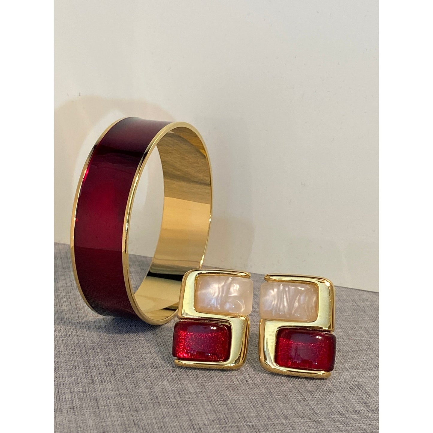 Vintage MONET Goldtone Cherry Red Metallic Bangle & Clip Earrings