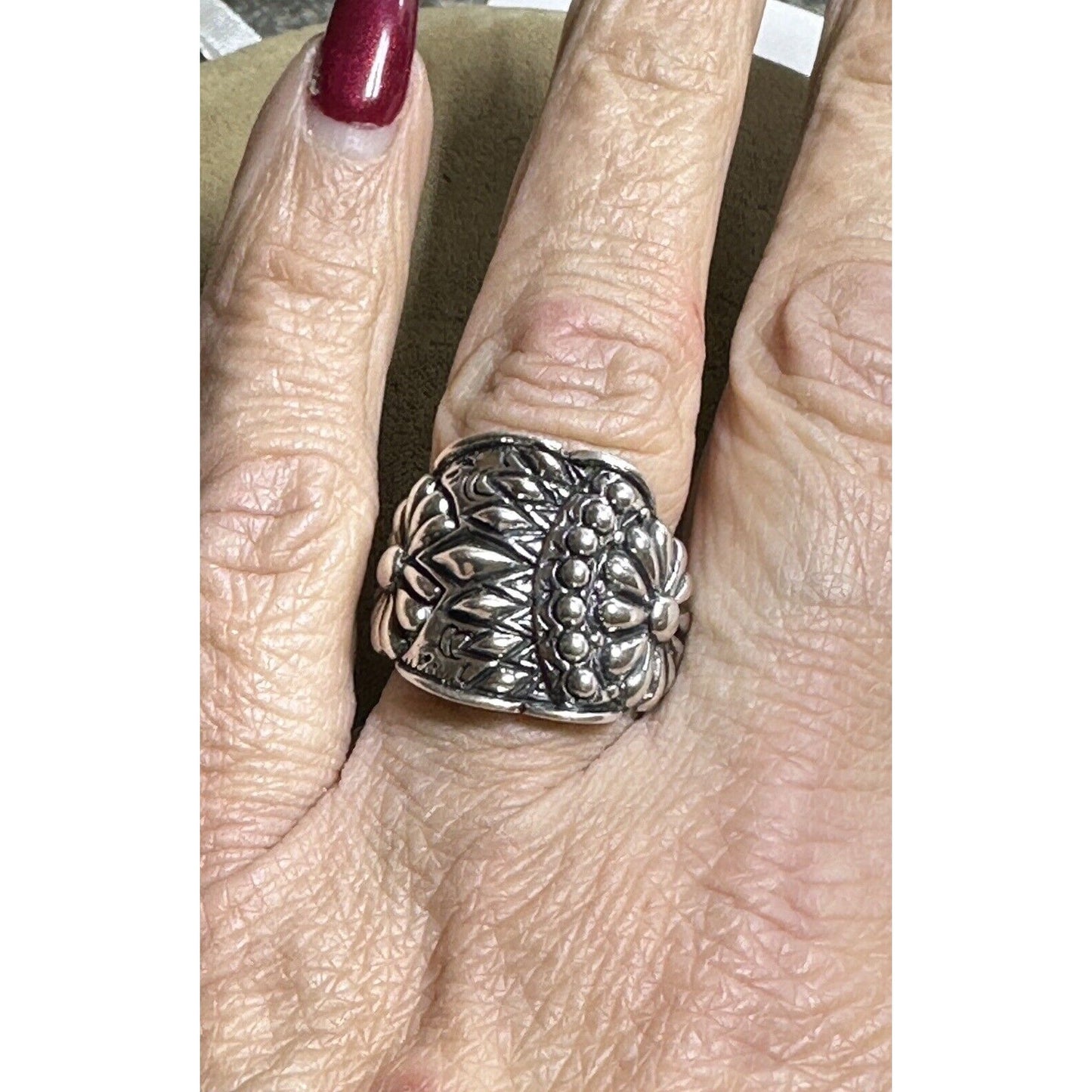 BBJ Sterling Silver Wide Floral Repousse Ring Size 8 3/4