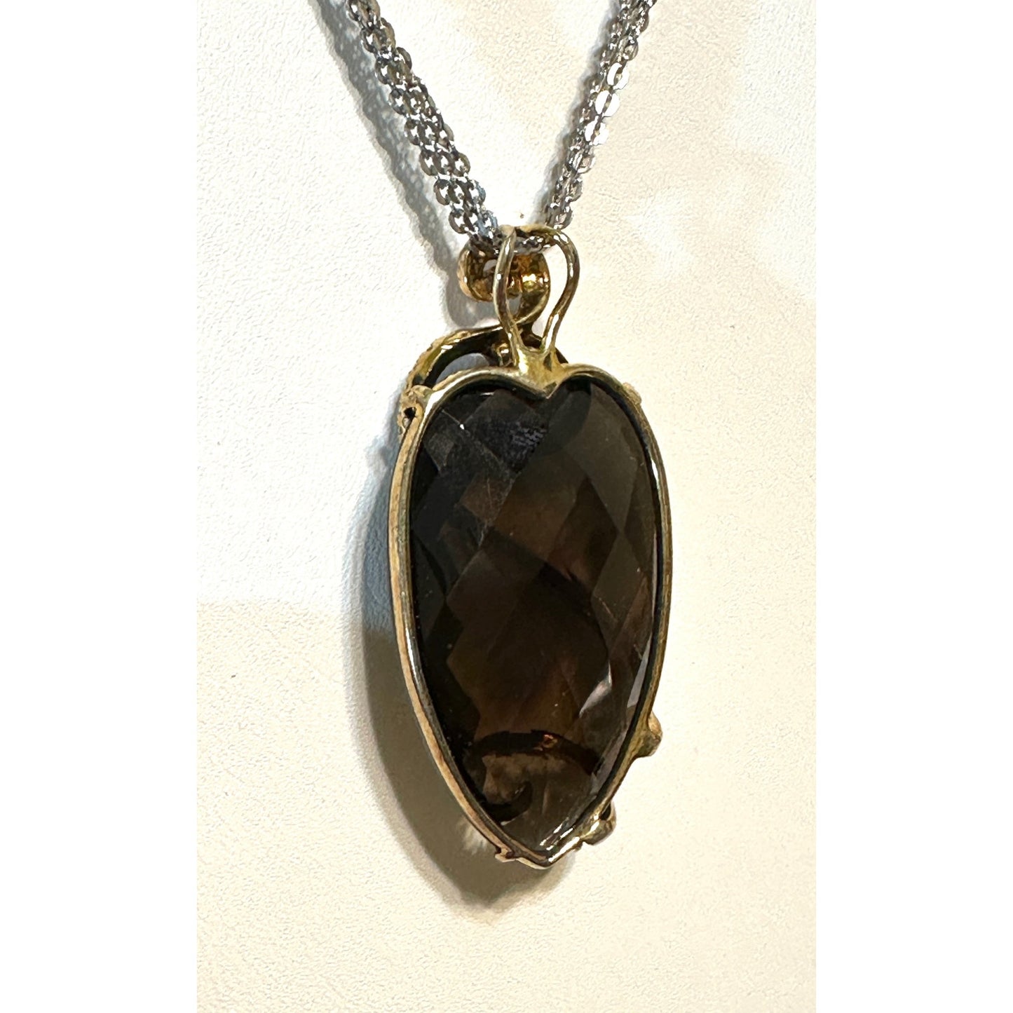 Smokey Quartz Pear Shape CZ Silver Vermeil Pendant Necklace Double Silver Chain NWT