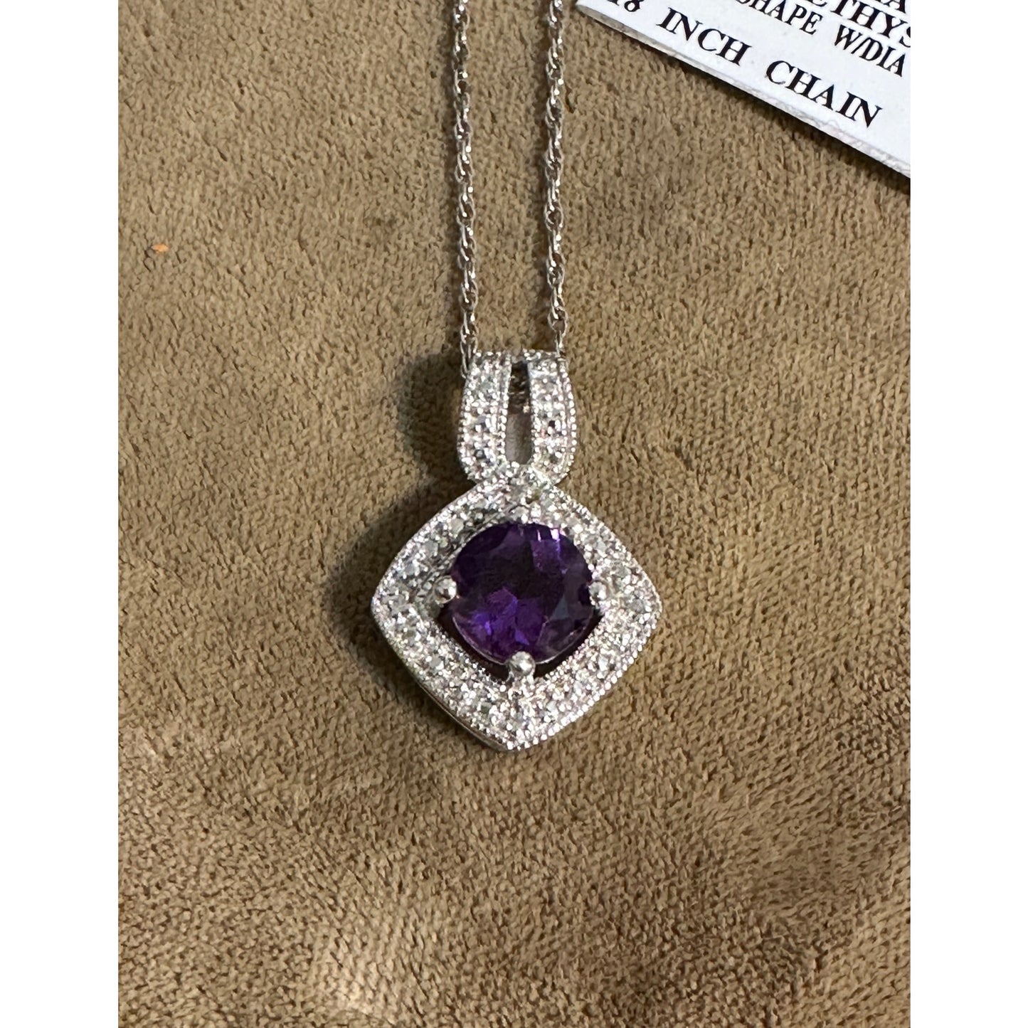 Sterling Silver Amethyst Diamond Halo 18" Pendant Necklace NWT