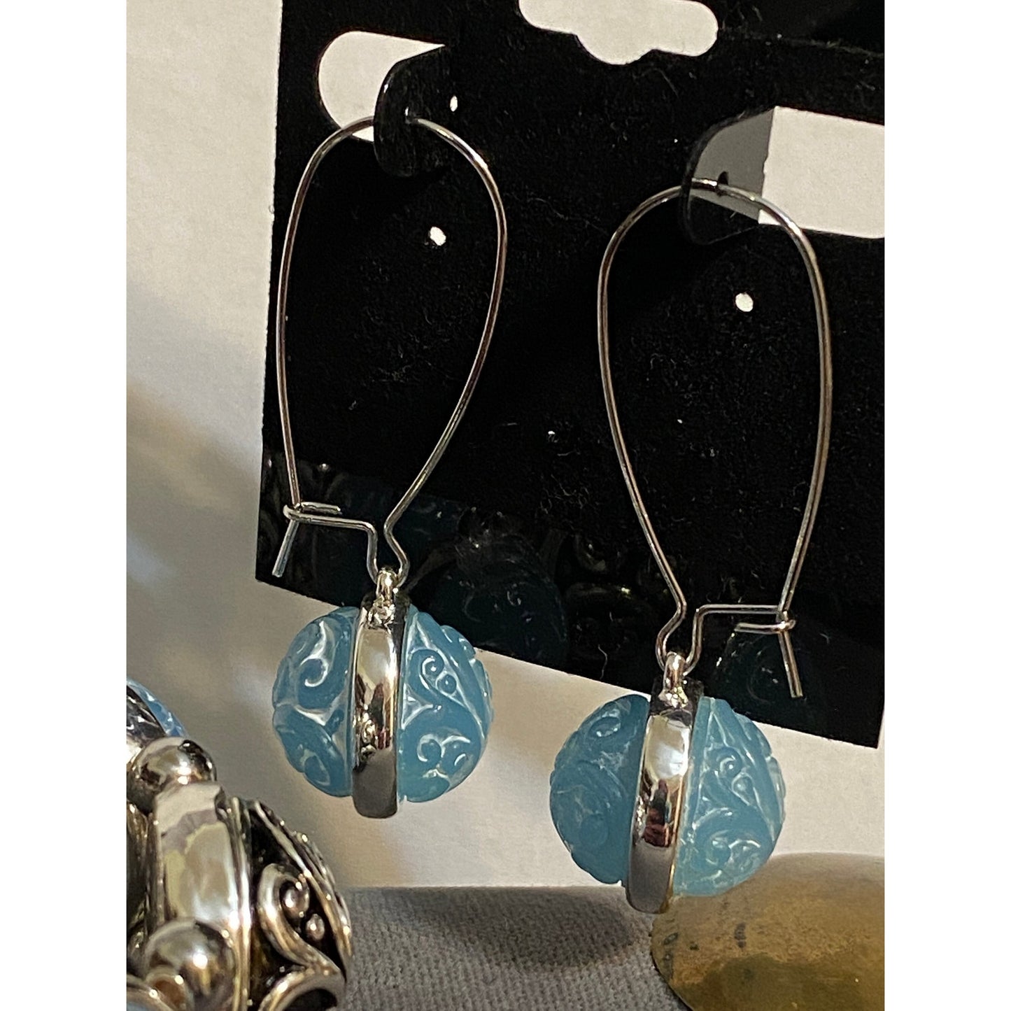 Lovely Brighton Silvertone Carved Blue Cabochon Bracelet Drop Earrings
