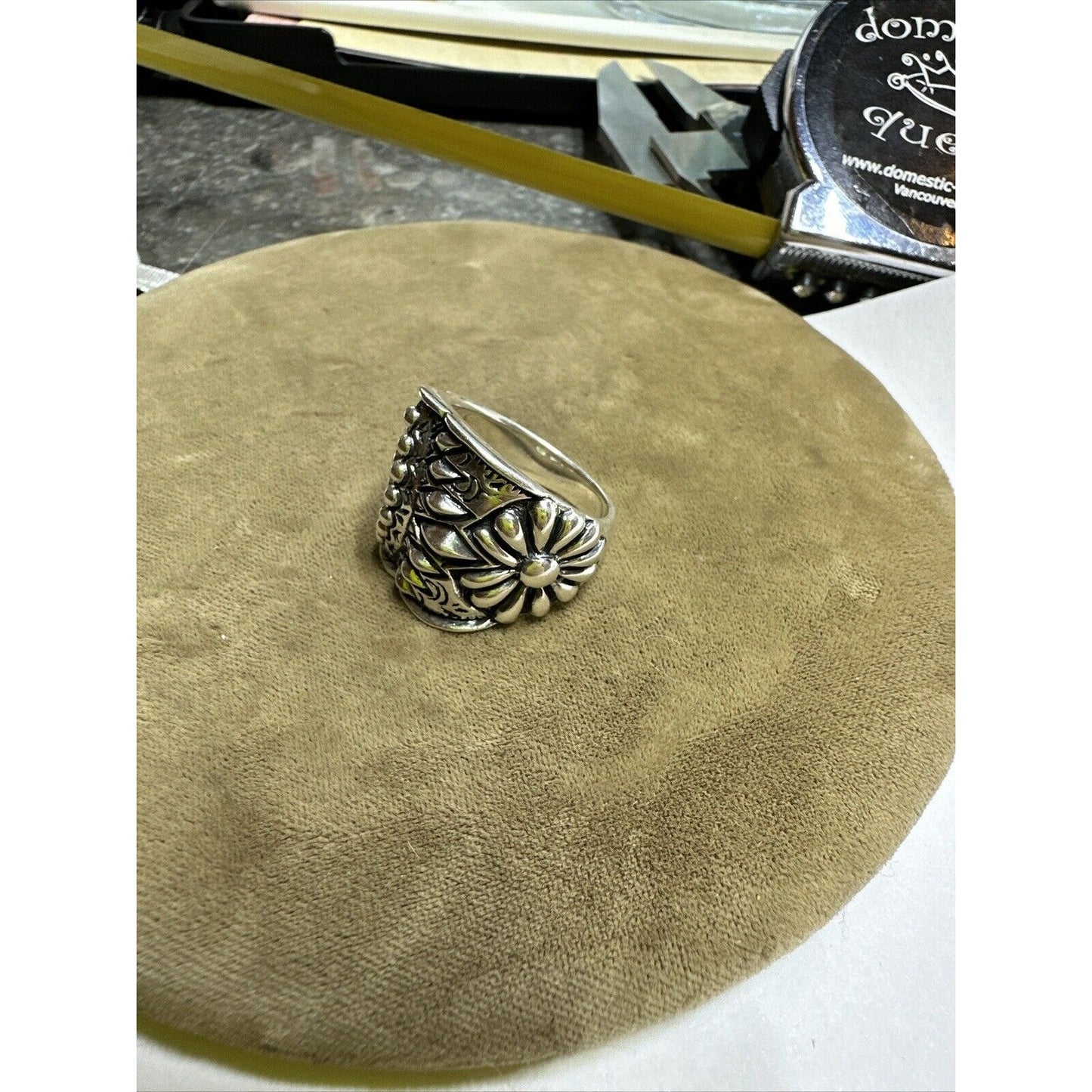 BBJ Sterling Silver Wide Floral Repousse Ring Size 8 3/4