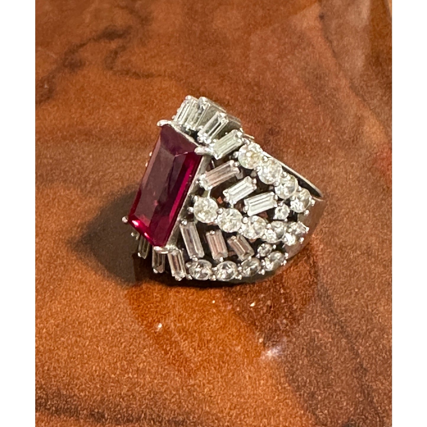 Charles Winston Lab Created Ruby & Diamond Simulant Rhodium Over Silver Ring - Size 8