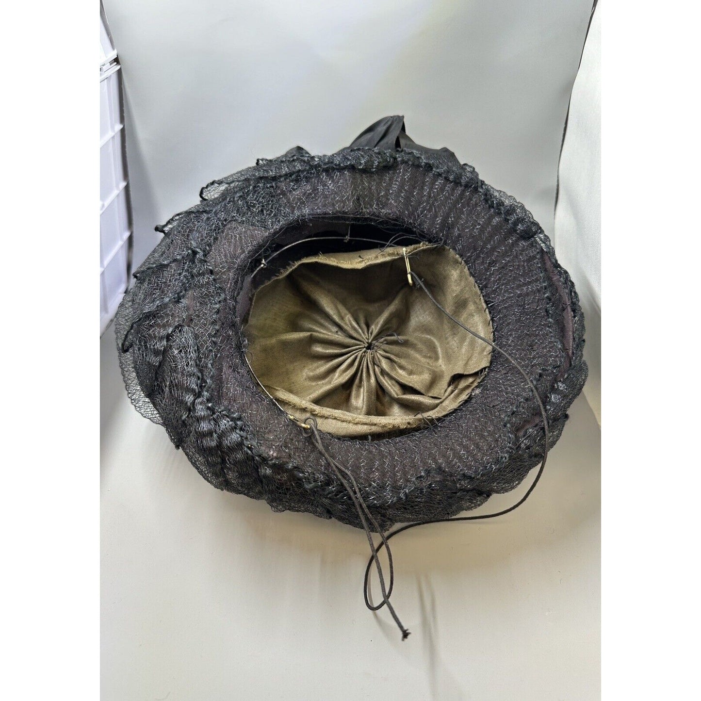 Vintage Victorian Wire Framed Black Net Ribbon & Velvet Flowers Hat