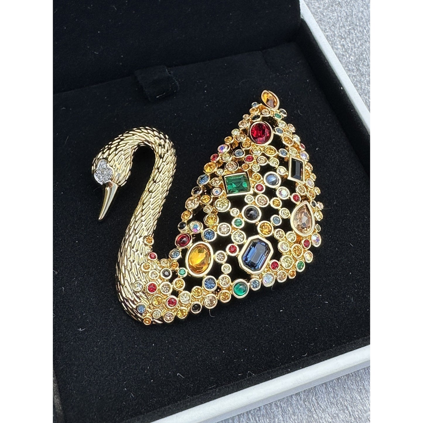 Swarovski Goldtone Multi Color Crystal Large Swan Brooch Pin 100 Year in Box