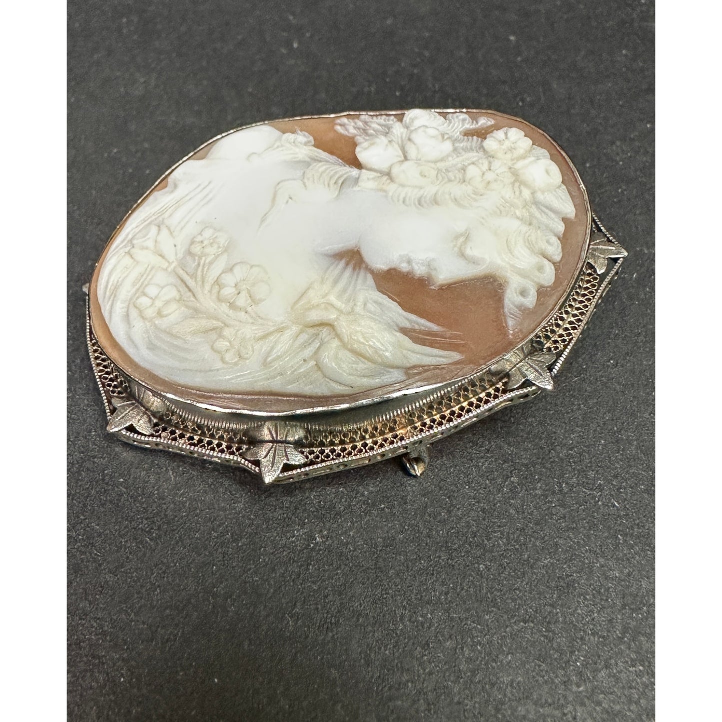 Large 14k White Gold Filigree Large Carved Shell Cameo Eyes Closed Pin/ Pendant