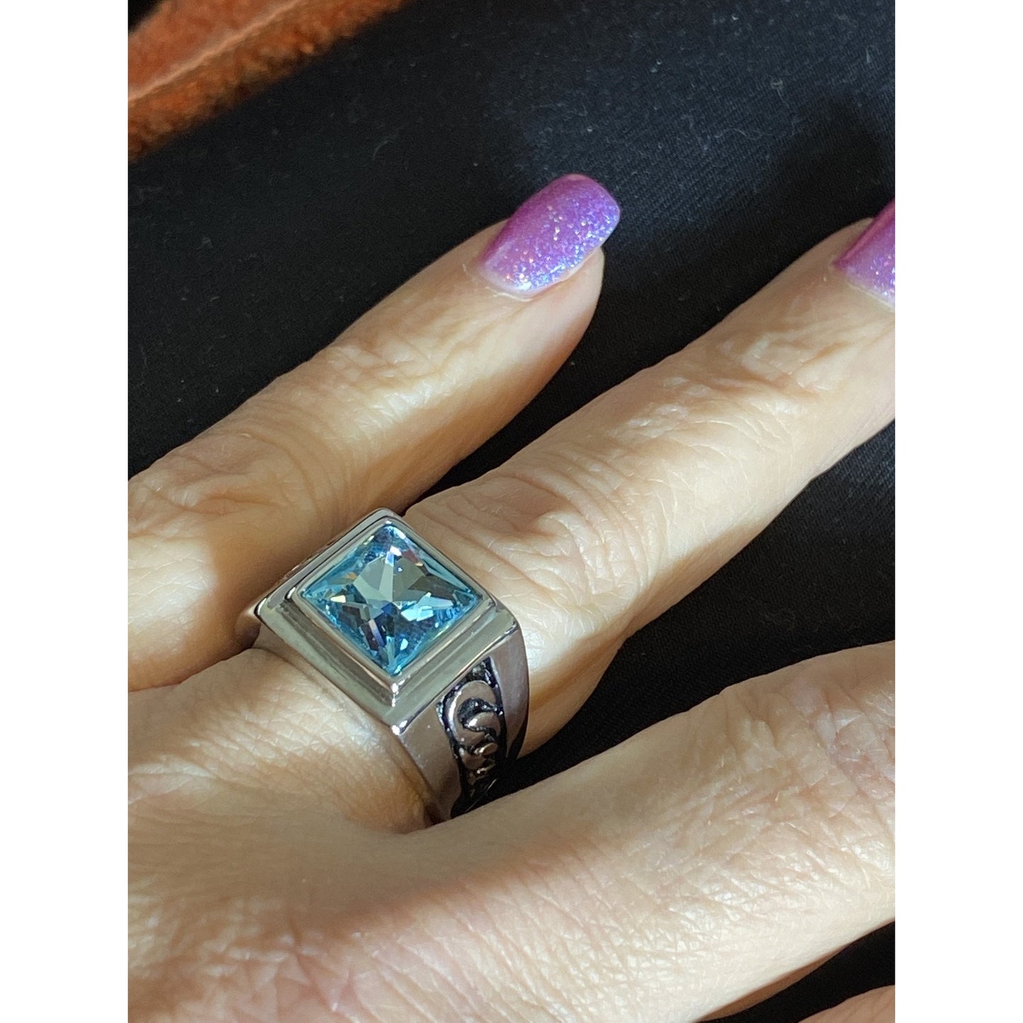 Mens Stainless Steel Blue Topaz Ring Size 9