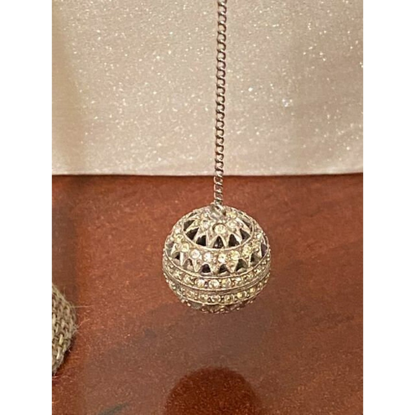 Vintage Silvertone CZ Filigree Ball Dangle Bead Clip Back Earrings