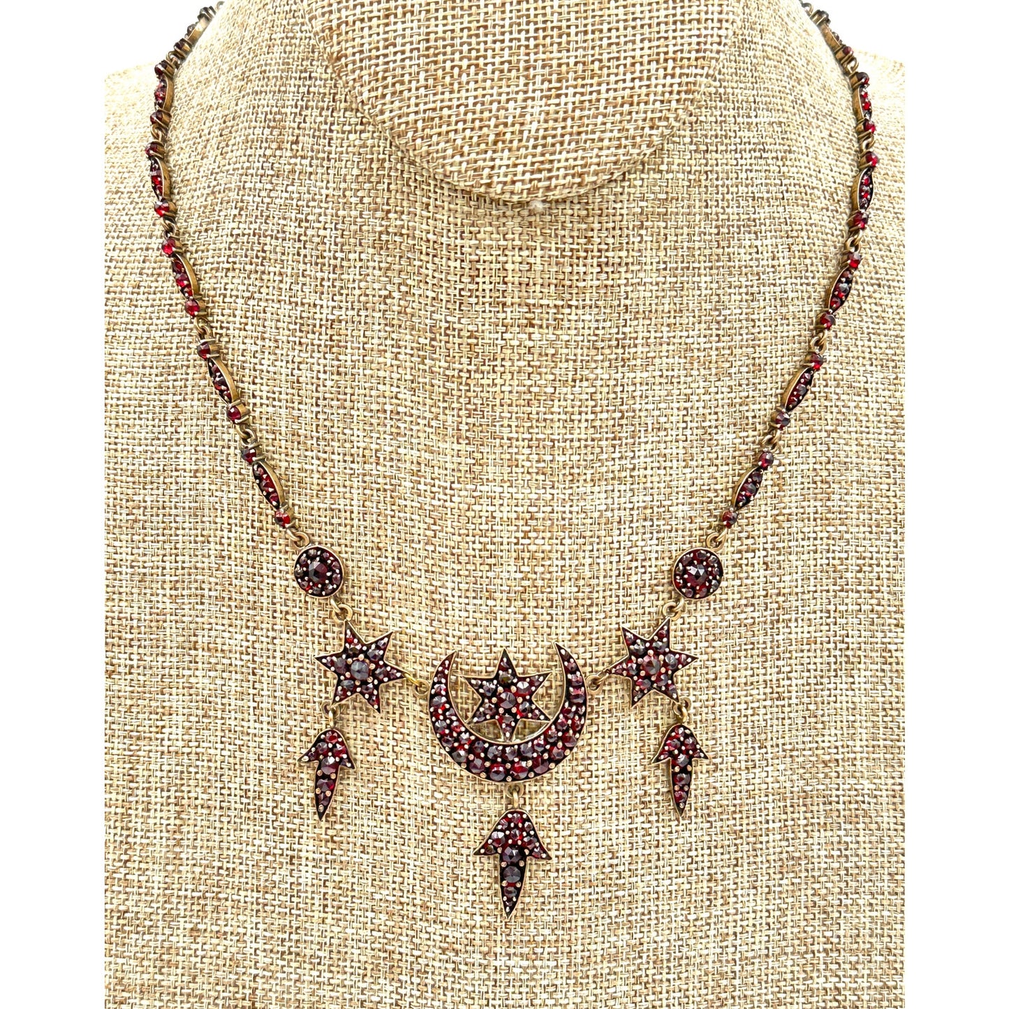 Antique Victorian Bohemian Rose Cut Garnet Moon & Stars Necklace