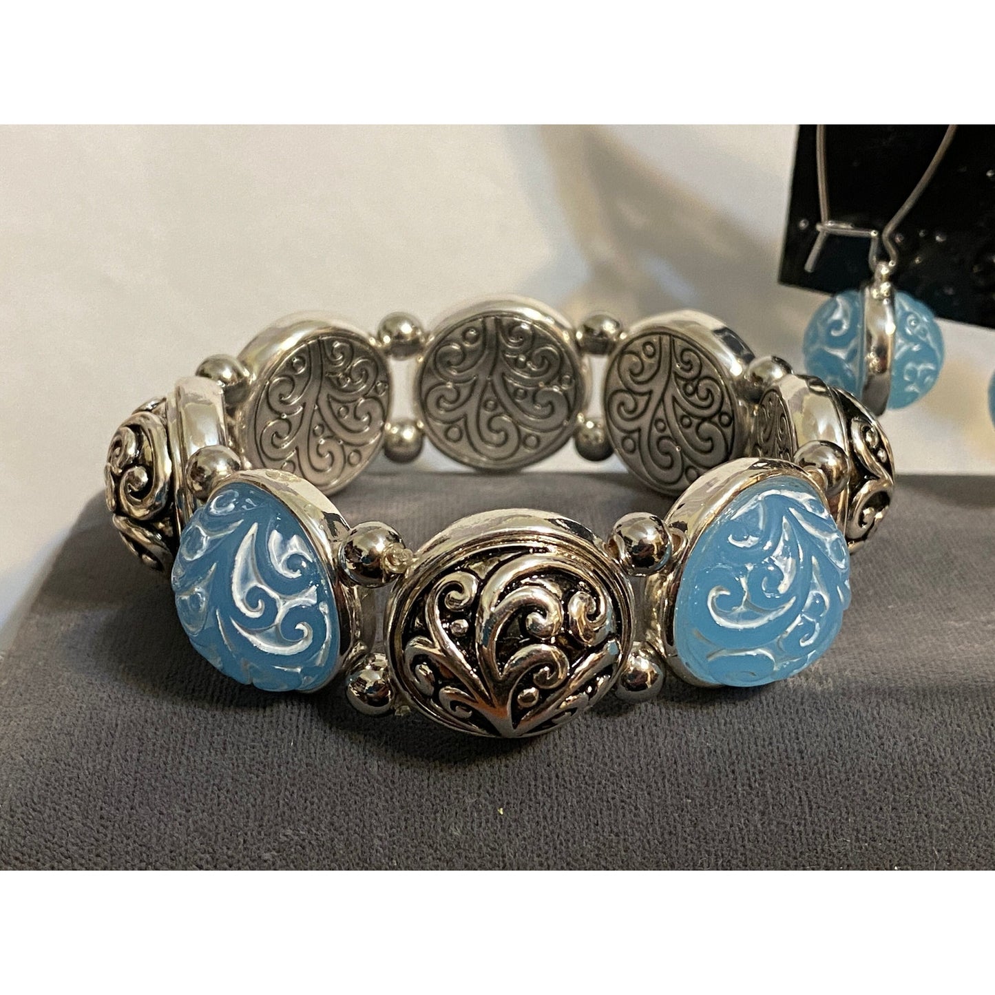 Lovely Brighton Silvertone Carved Blue Cabochon Bracelet Drop Earrings