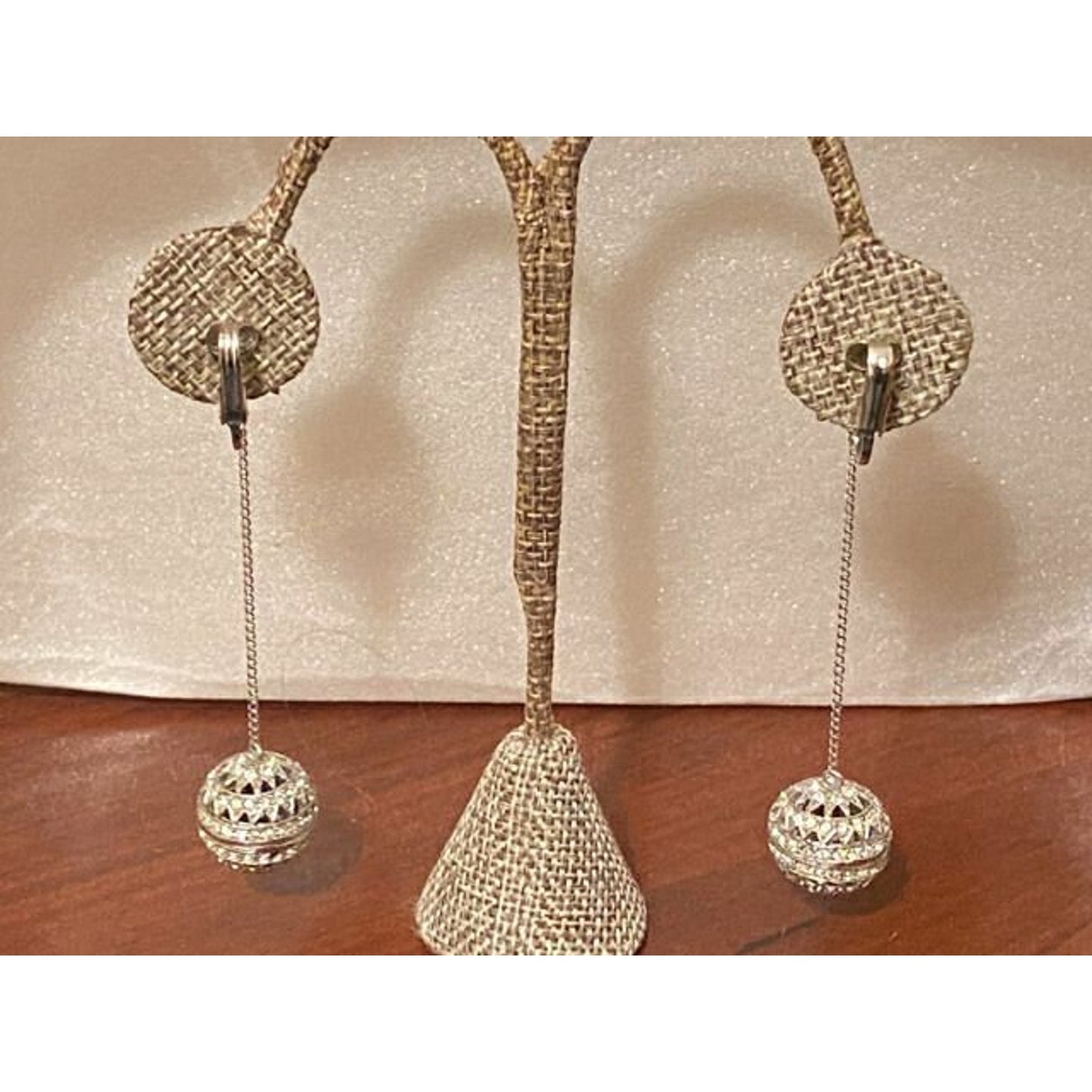 Vintage Silvertone CZ Filigree Ball Dangle Bead Clip Back Earrings