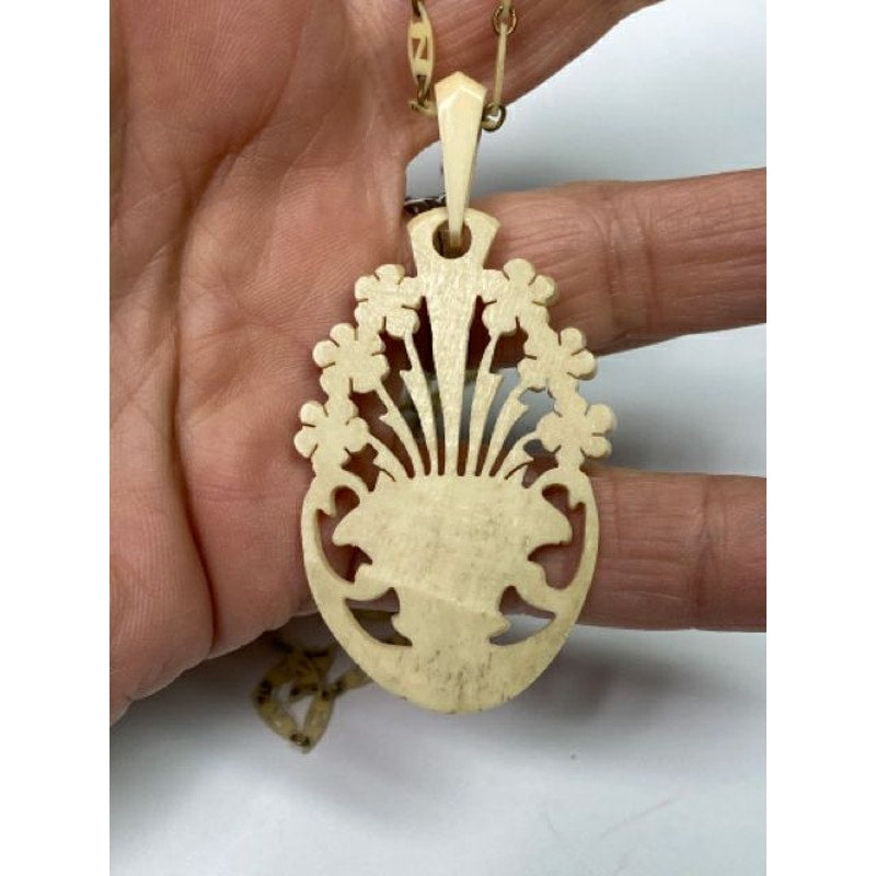 Antique Carved Bovine Flower Basket Pendant w/ Delicate Carved Chain