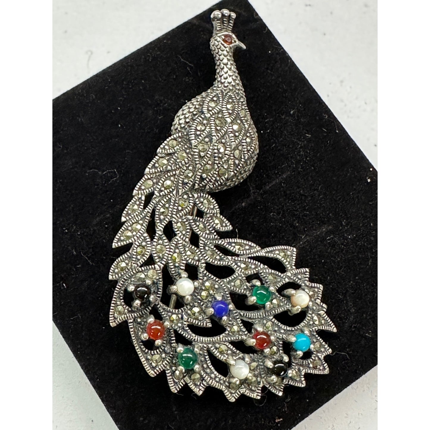 Fabulous Sterling Silver Marcasite multi stone PEACOCK Brooch Pin