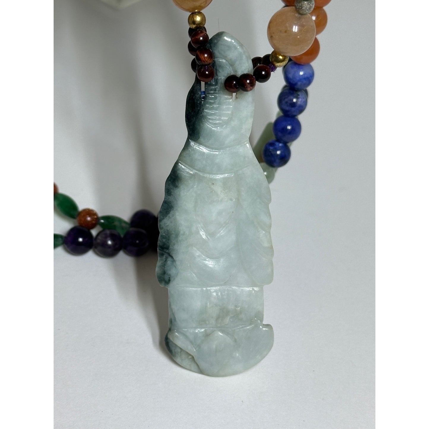 Long Multi Gemstone Beaded Lapis Tiger Eye Quartz Jade Necklace w/ Large Jade Figural Pendant