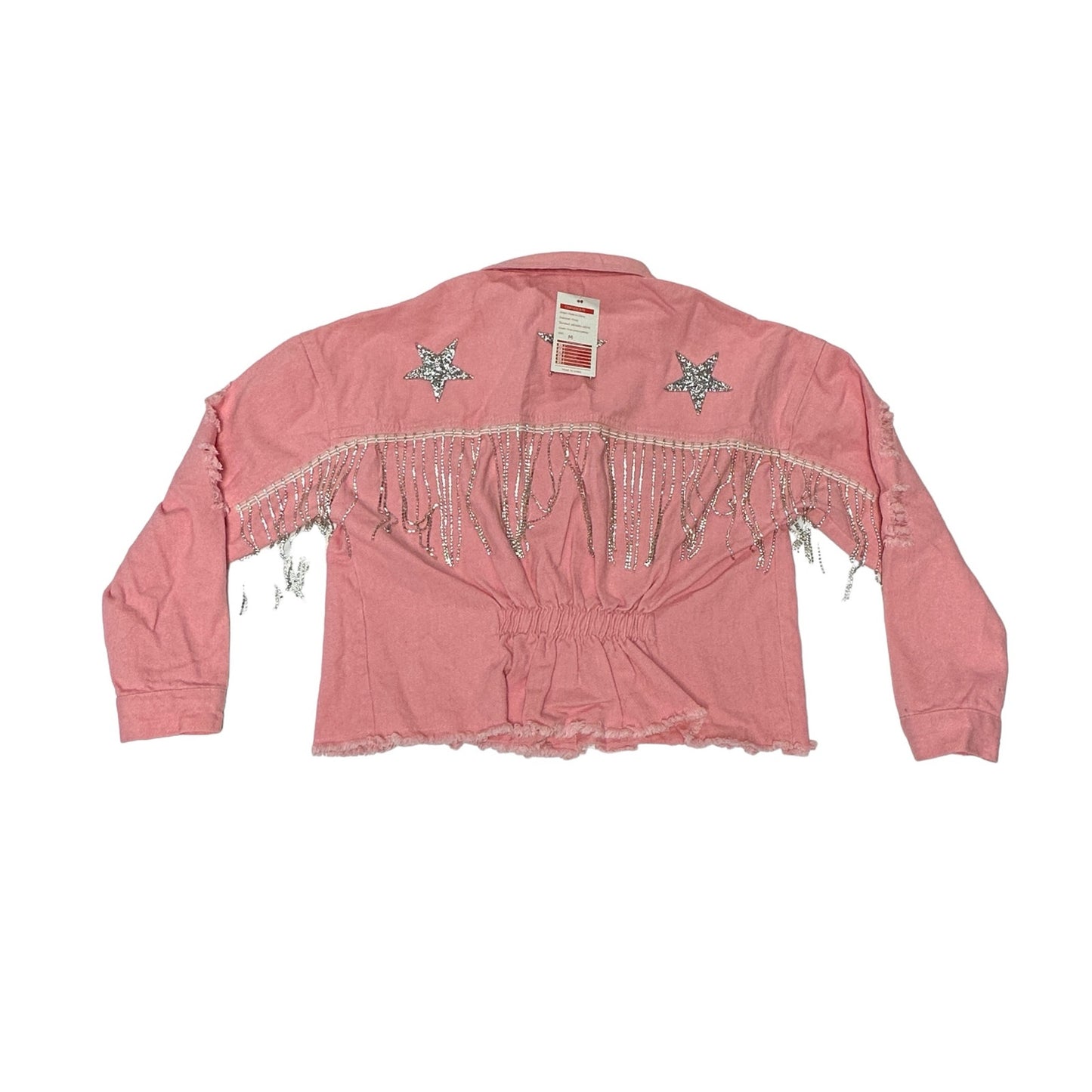 Barbie Style Bubblegum Pink Denim Triple Star Rhinestone Tassels Crop Jacket M. NWT