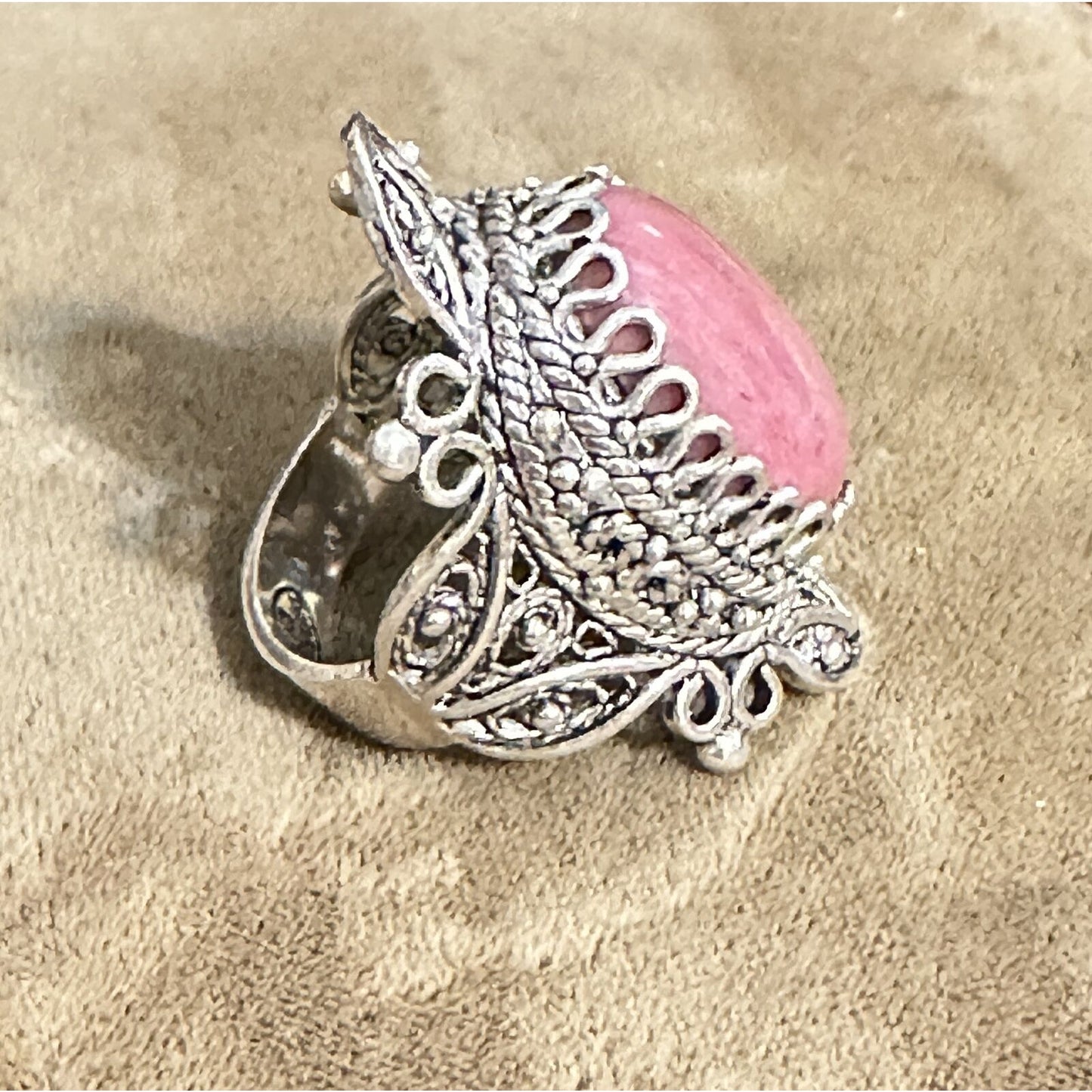Signed DGS Turkey Sterling Silver 925 Pink Rhodonite Oval Filigree Ring Size 6