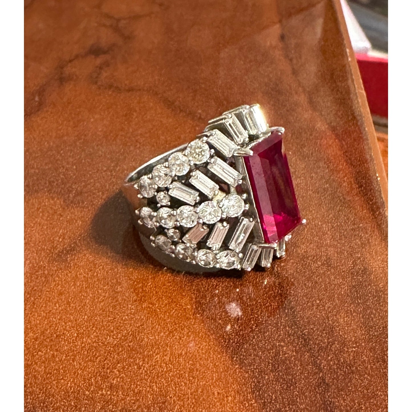 Charles Winston Lab Created Ruby & Diamond Simulant Rhodium Over Silver Ring - Size 8